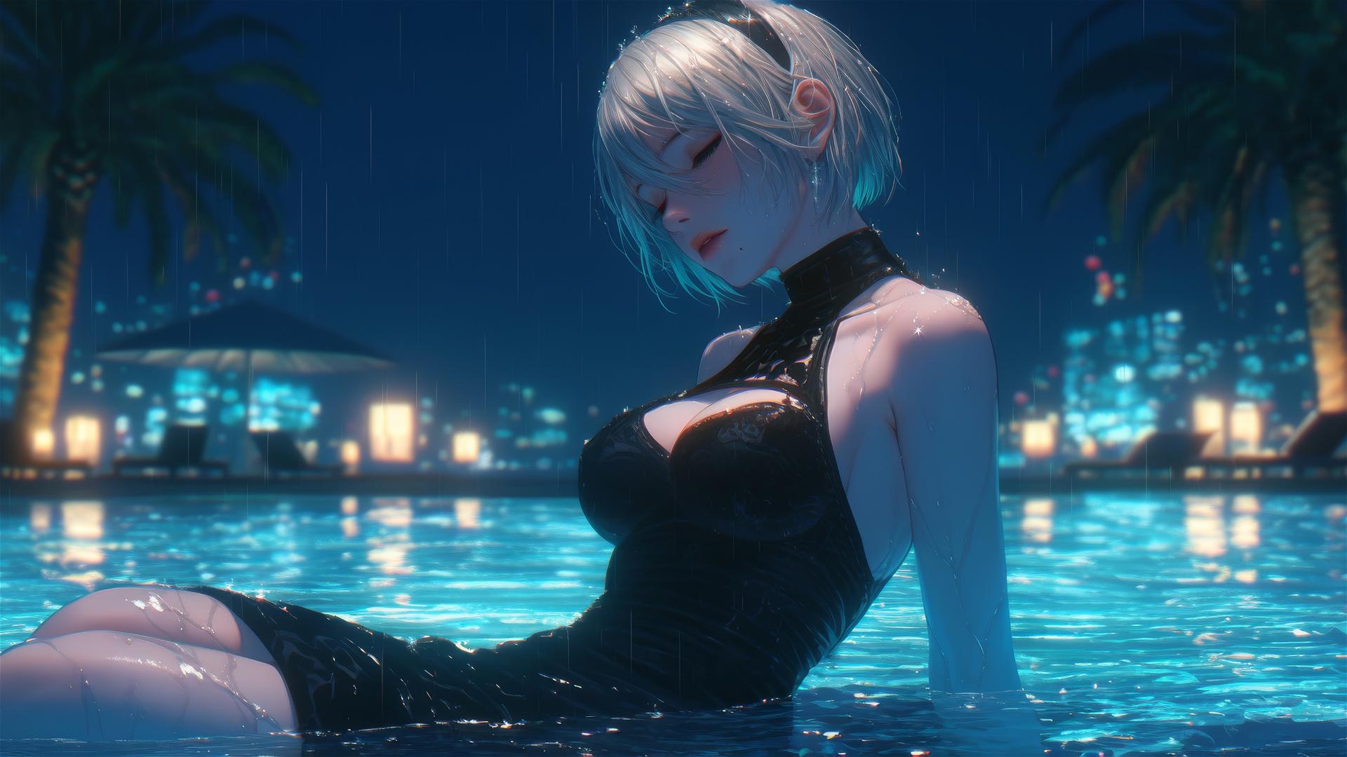 2B from Nier in pink, resting at a rainy pool with moonlight glow