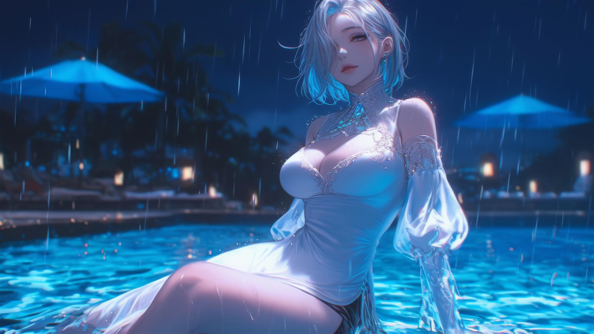 2B from Nier in white, relaxing by a moonlit pool in the rain