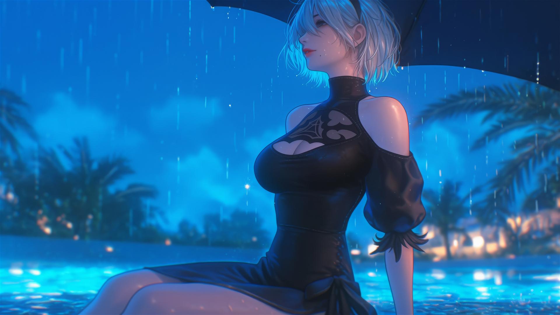 2B from Nier in casual attire, sitting relaxedly by a rainy pool under moonlight