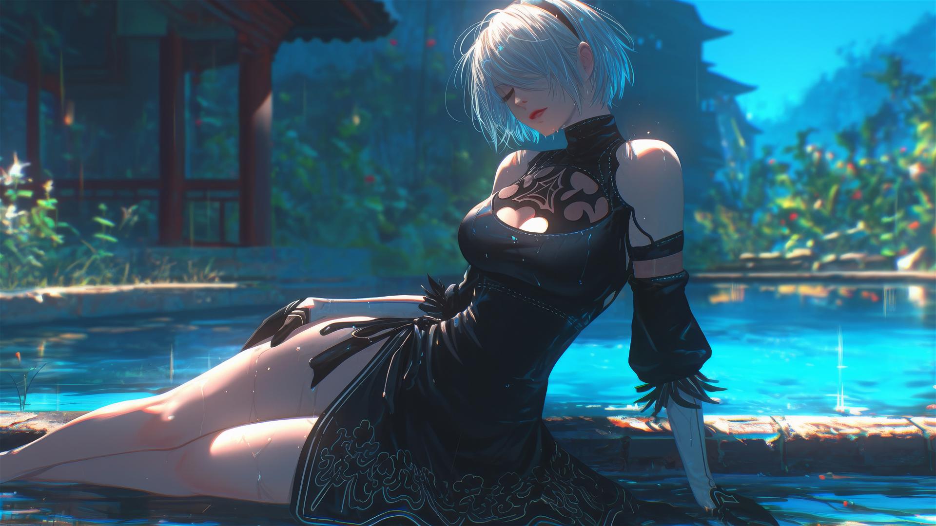 2B from Nier in casual clothes, resting at a rainy pool under moonlight