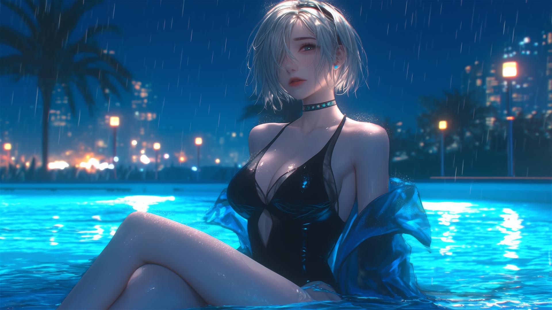 2B from Nier in casual attire, seated at a rainy pool, moonlight glow