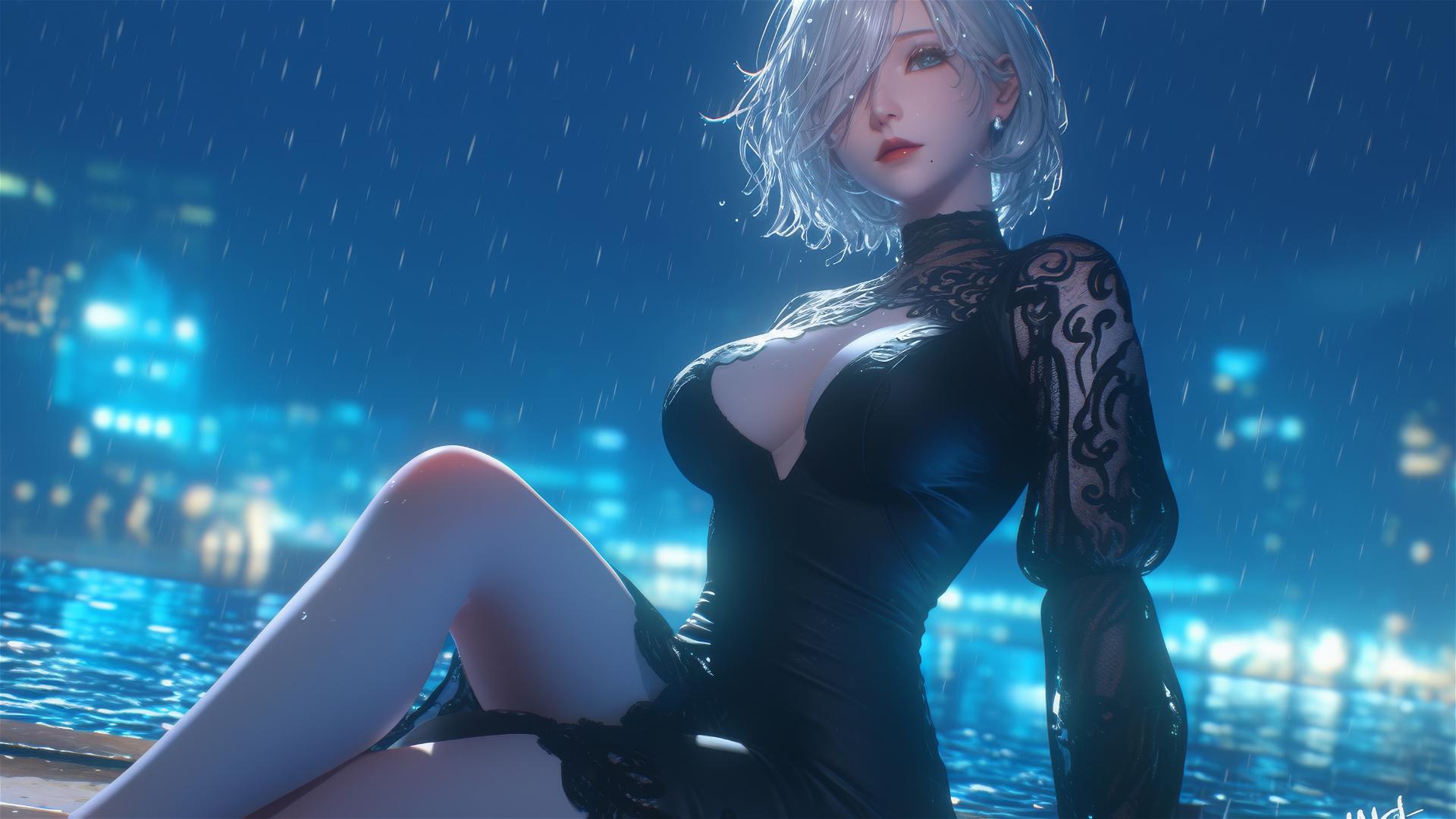 2B in casual attire sitting by a rainy pool under moonlight