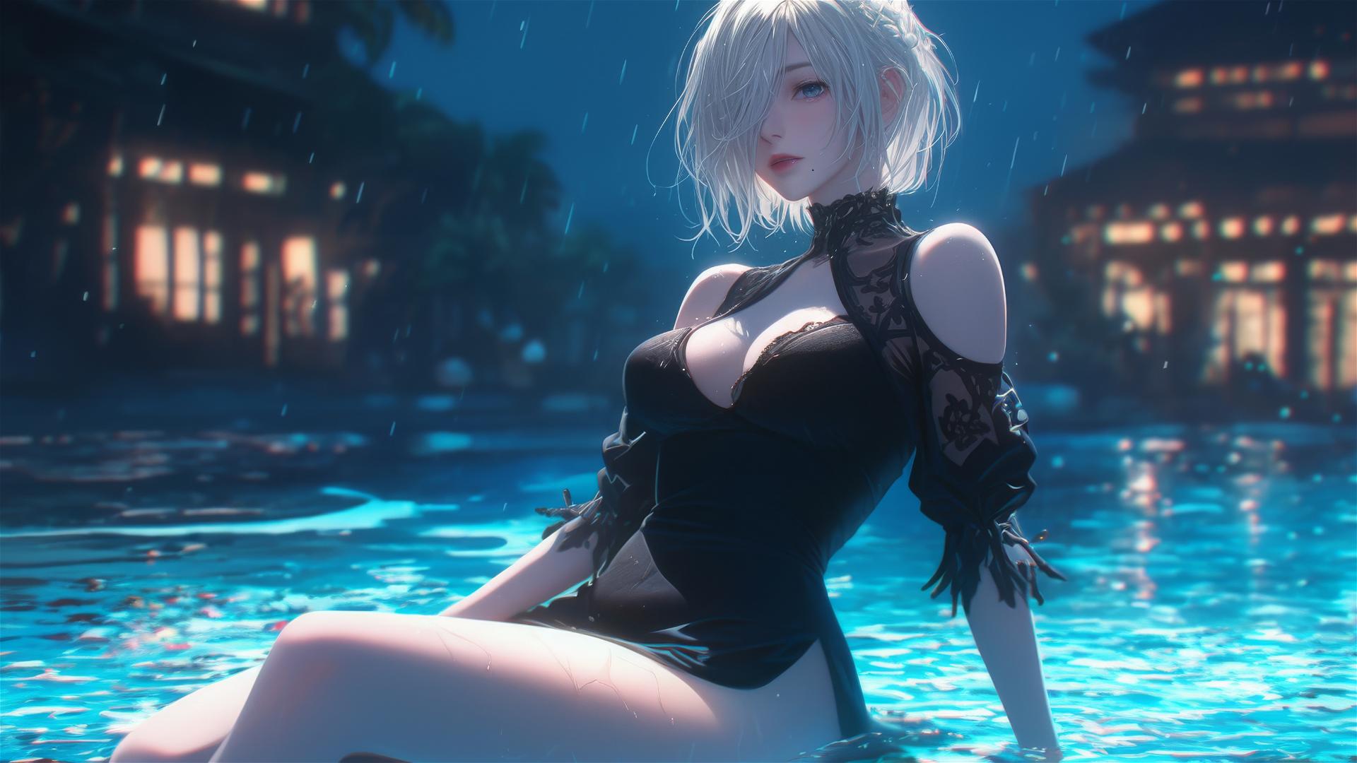 2B from Nier in casual attire sitting by a rainy swimming pool with moonlight.