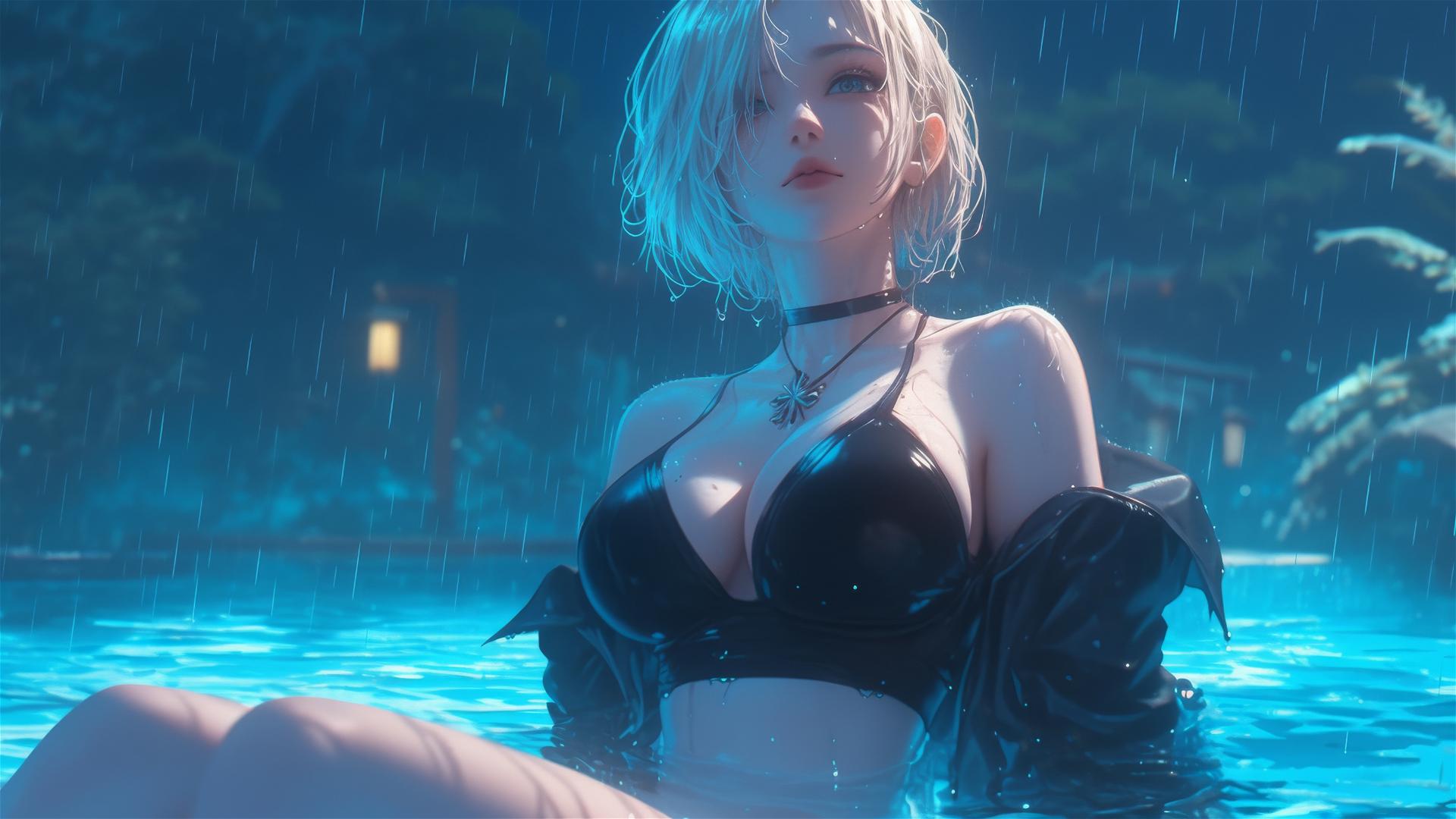 2B from Nier in casual attire sitting by a rainy poolside in moonlight