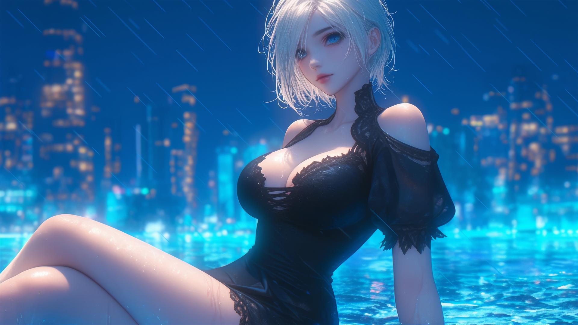 2B from Nier resting at a rainy pool under moonlight