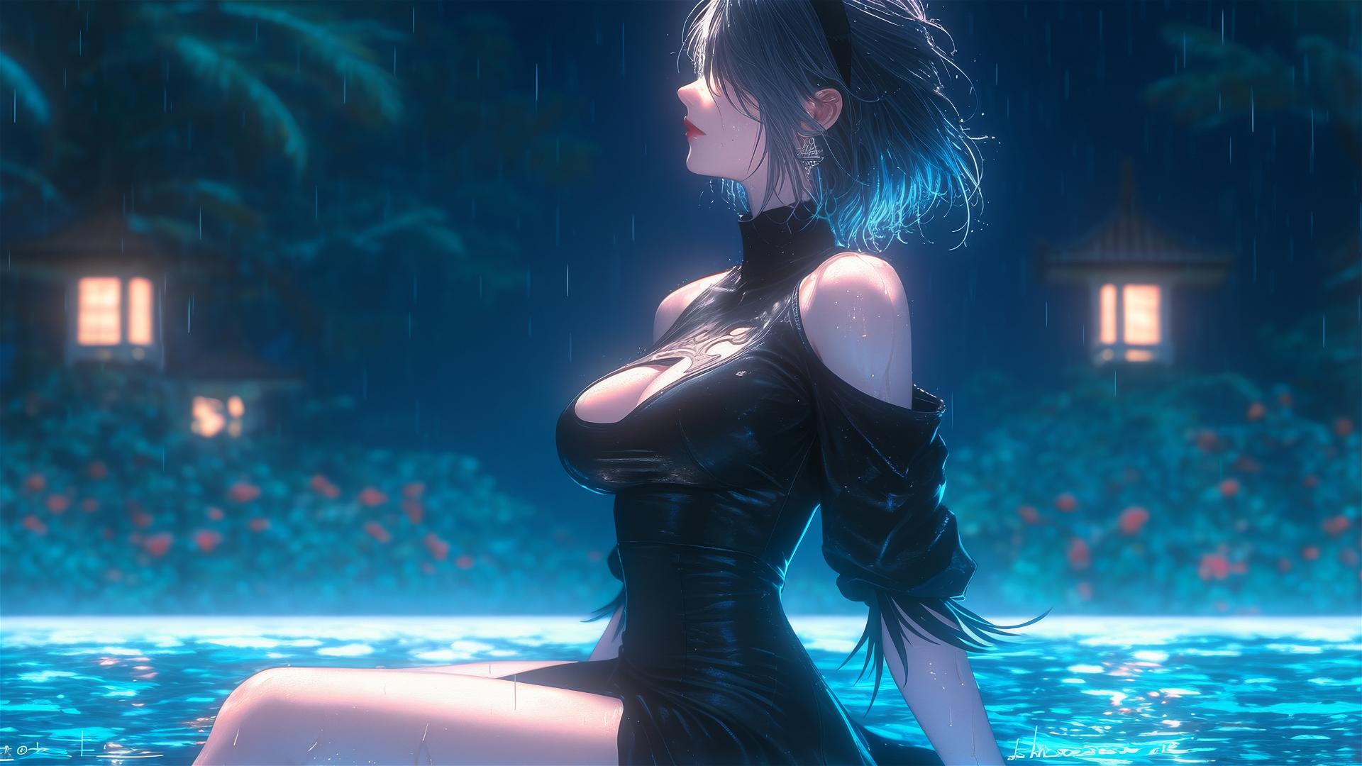 2B from Nier in casual attire sitting by a rainy pool with moonlight.