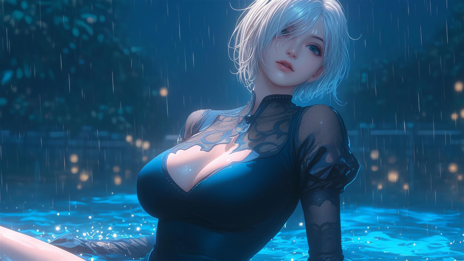 2B from Nier in casual attire sitting by a pool under moonlight