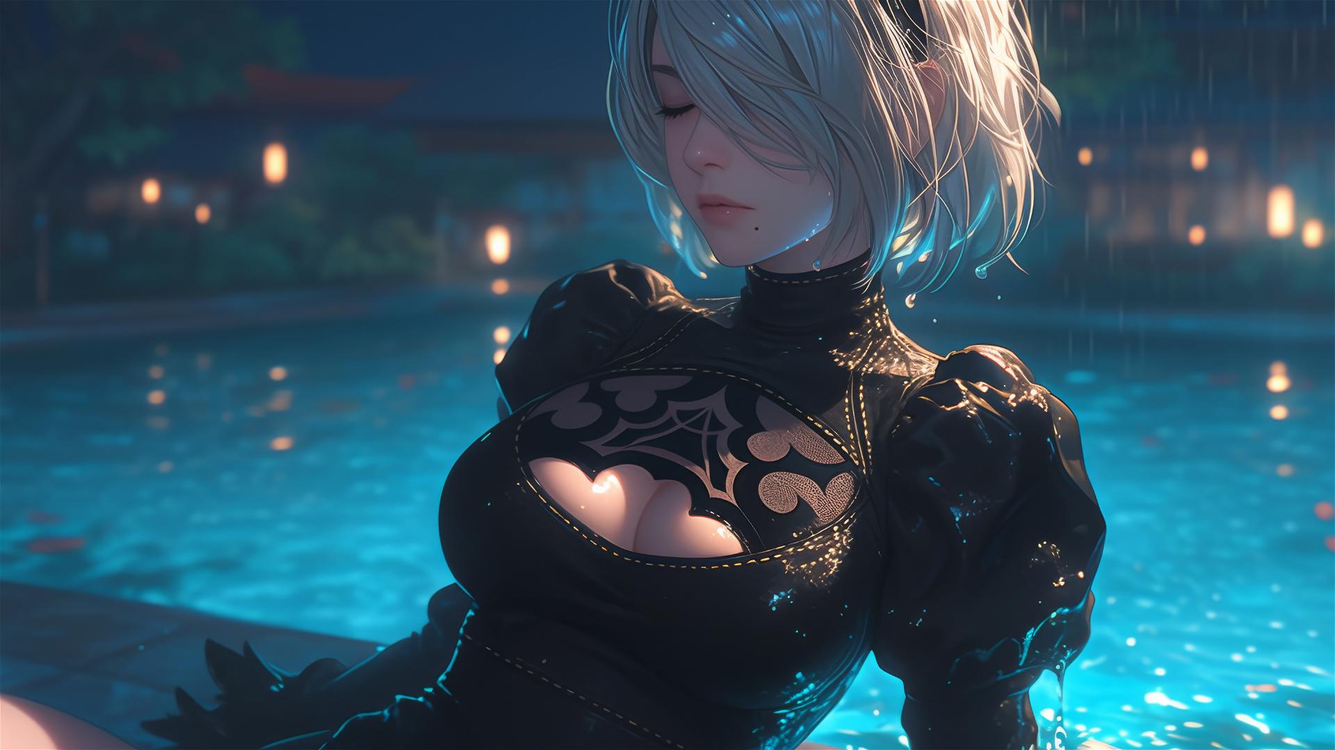 2B from Nier in casual attire sitting by a rainy pool under moonlight