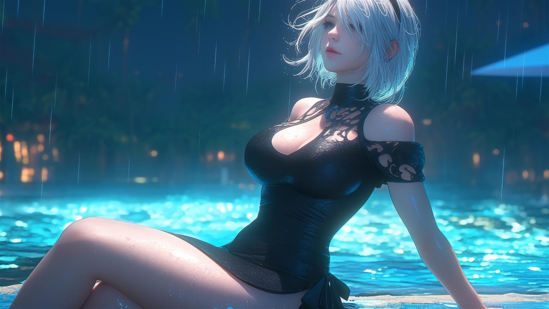 2B from Nier in casual clothes, sitting by a pool in moonlight