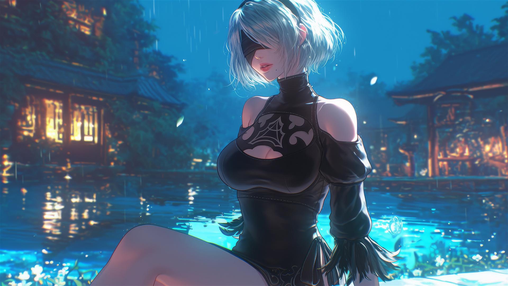 2B from Nier sitting at a rainy pool under moonlight