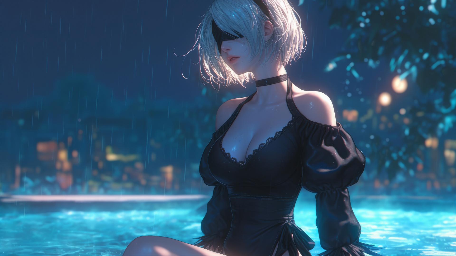 2B from Nier in casual attire, sitting relaxed by a rainy swimming pool with moonlight glow.