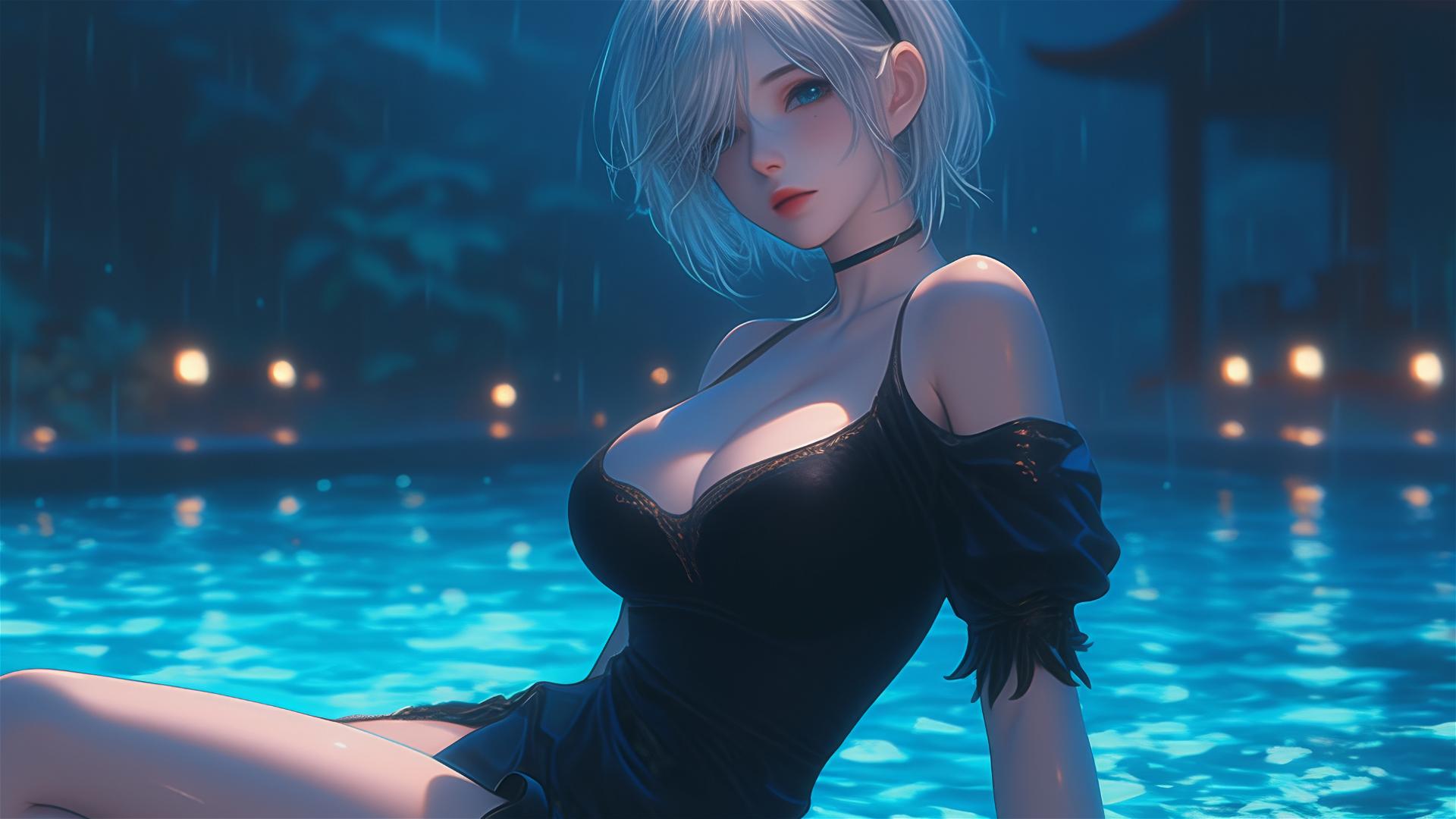 2B from Nier in casual attire, sitting at a rainy swimming pool, moonlight glow