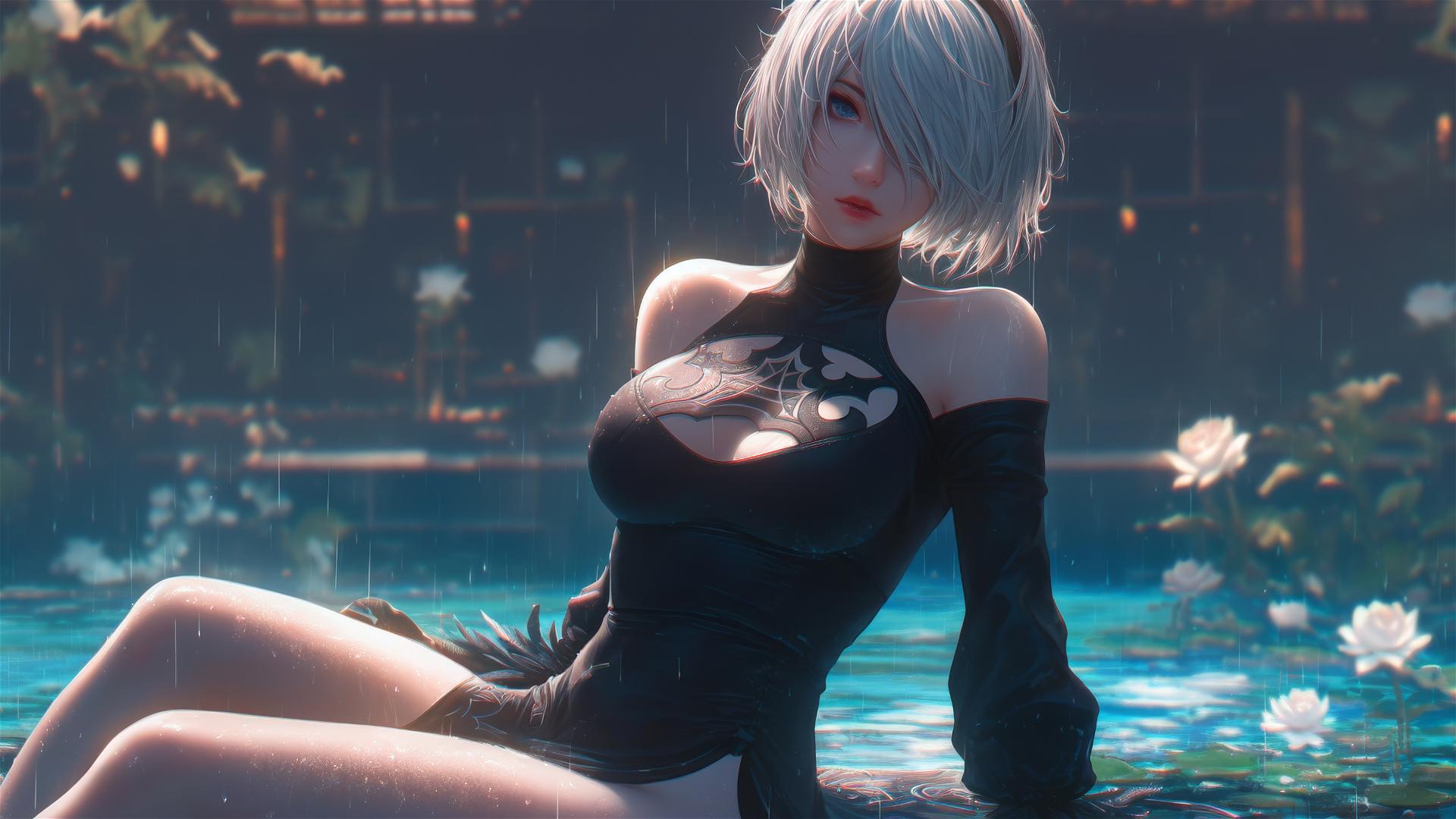2B from Nier in casual attire sitting by a rainy swimming pool with moonlight glow