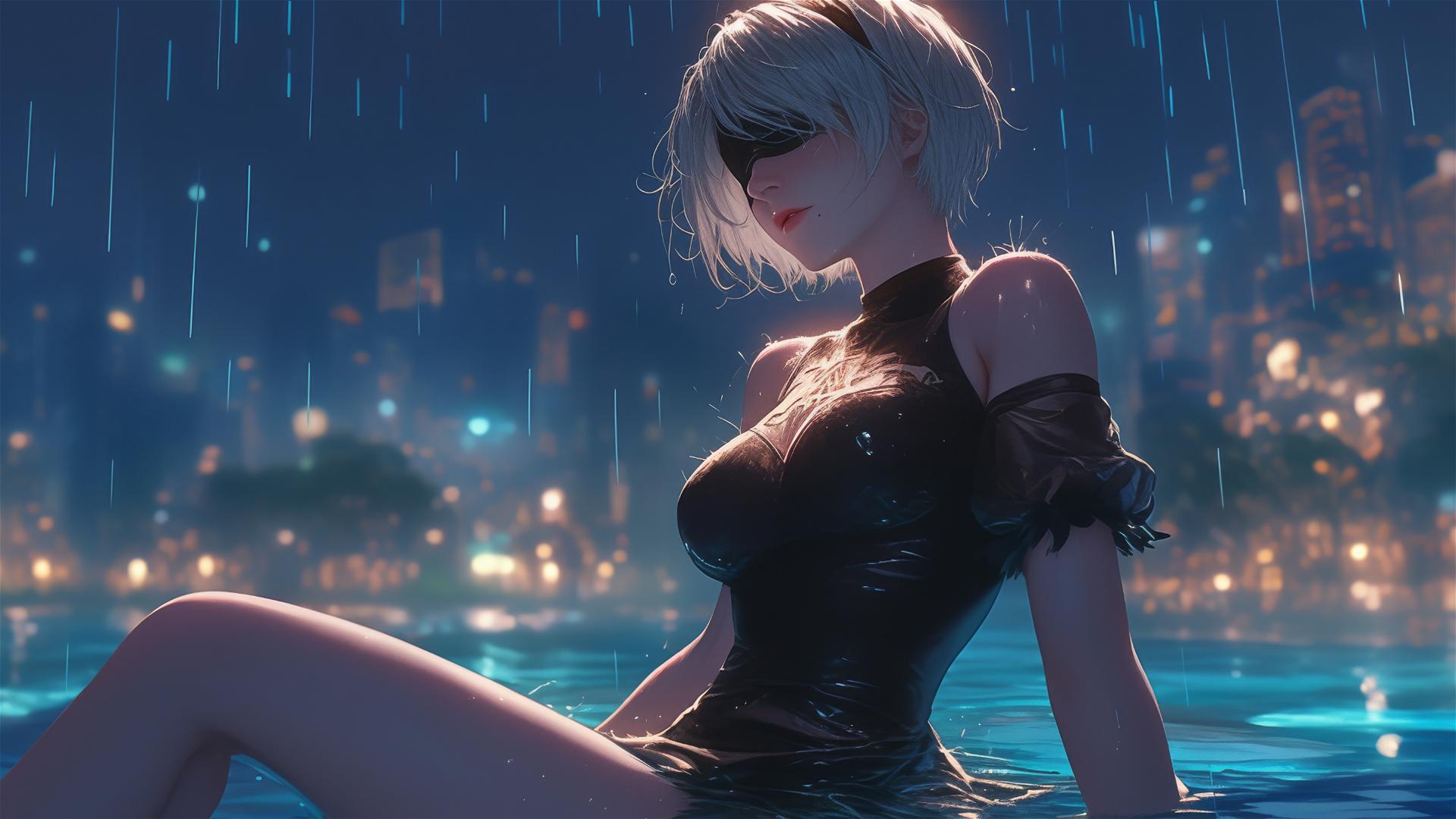 2B from Nier in casual attire, relaxed posture at a rainy pool, moonlight glow