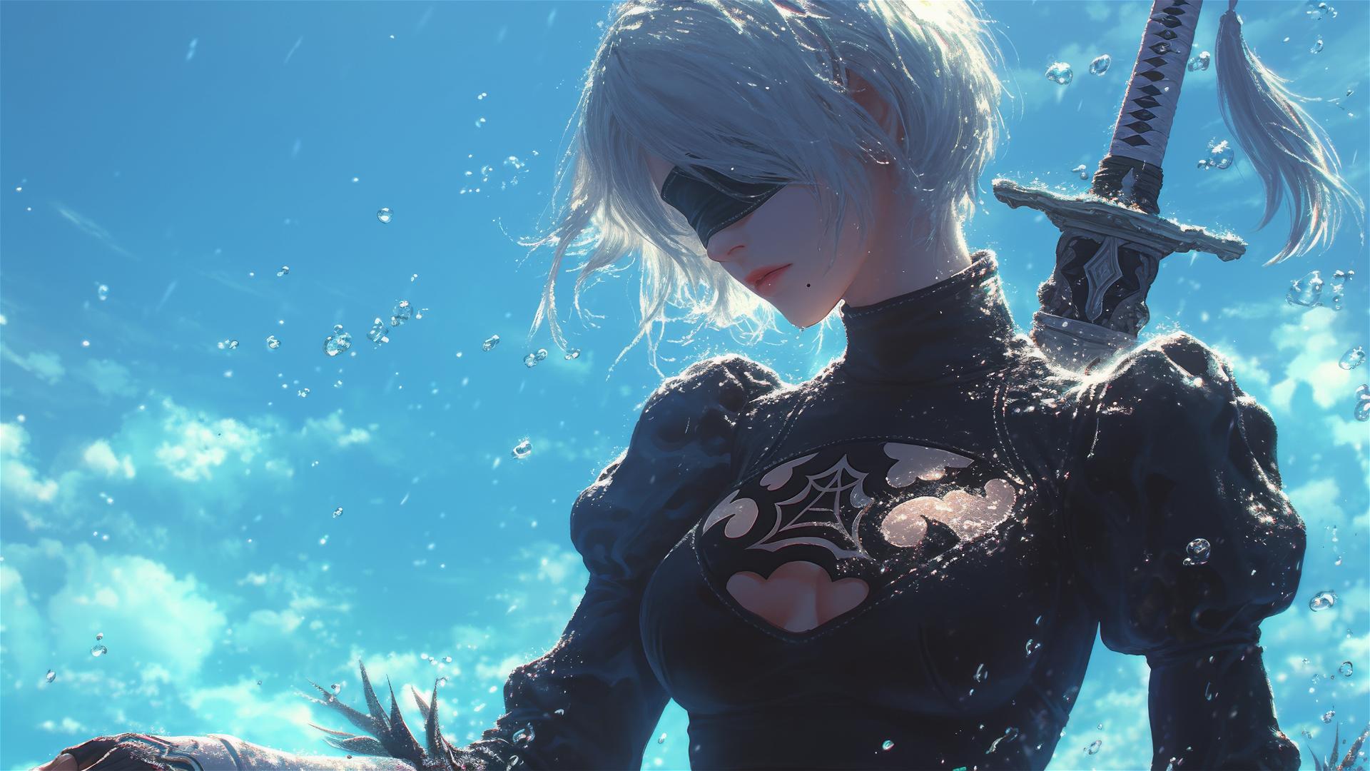 2B from Nier in casual attire relaxing by rainy pool under moonlight