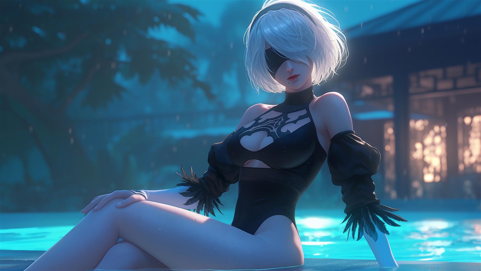 2B from Nier in casual attire, sitting relaxed by a rainy swimming pool under moonlight