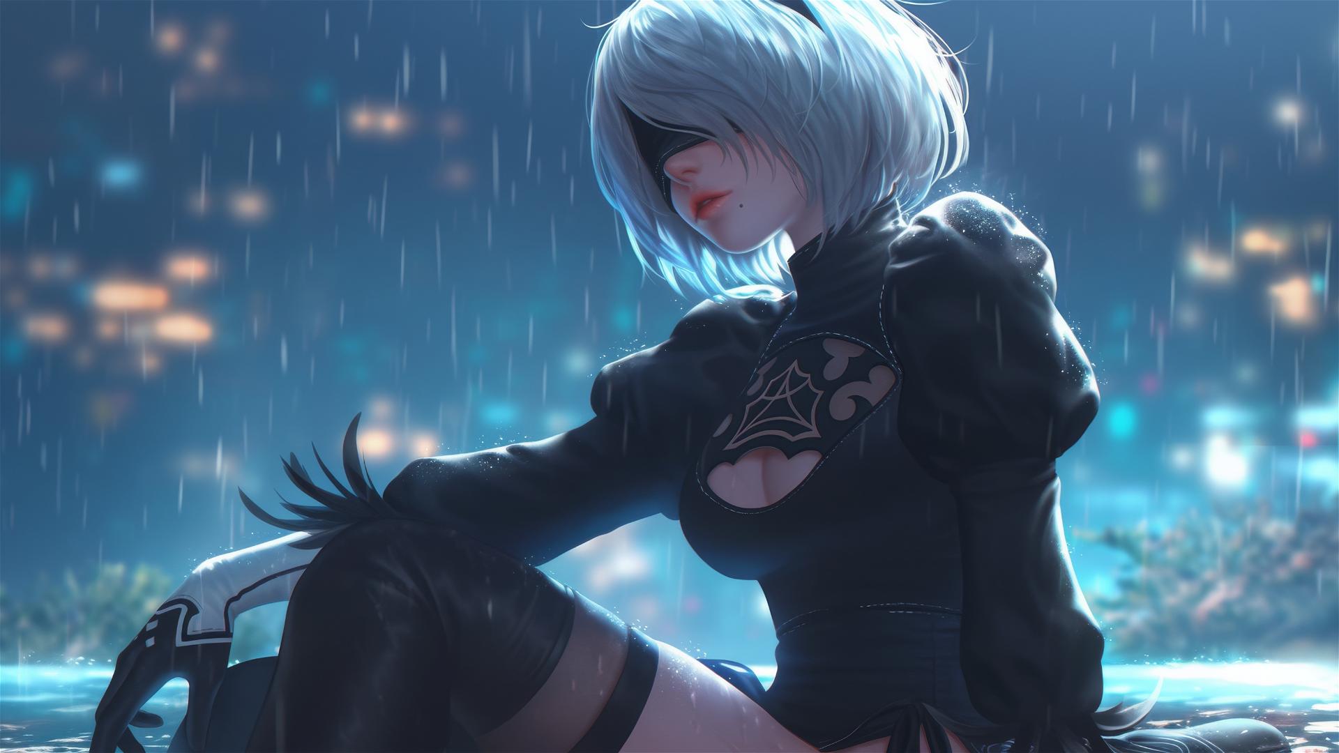 2B from Nier sitting by a rainy pool with moonlight glow, short hair.