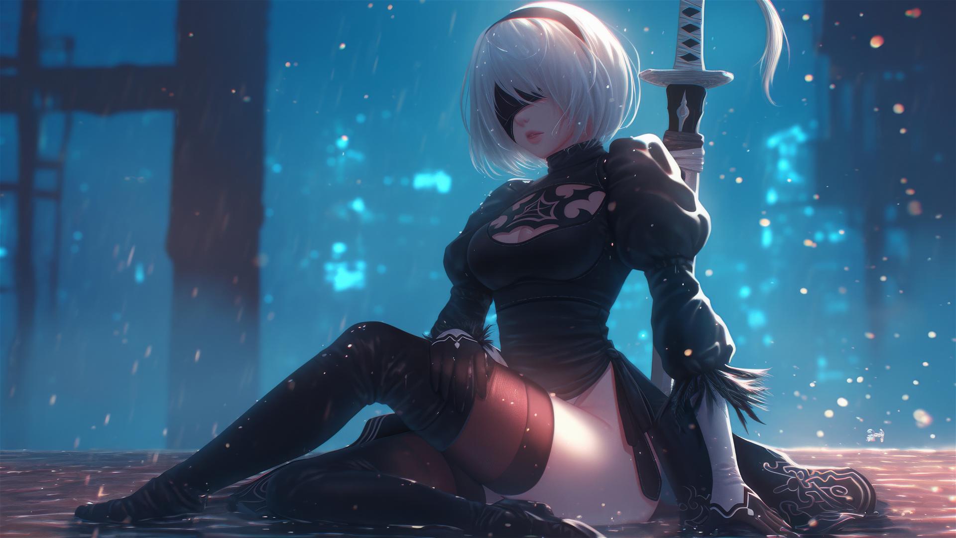 2B from Nier resting by a moonlit pool, rain falling softly