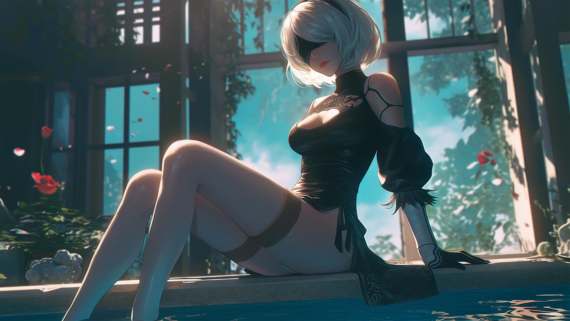 2B from Nier leisurely resting by a rainy swimming pool with moonlight.