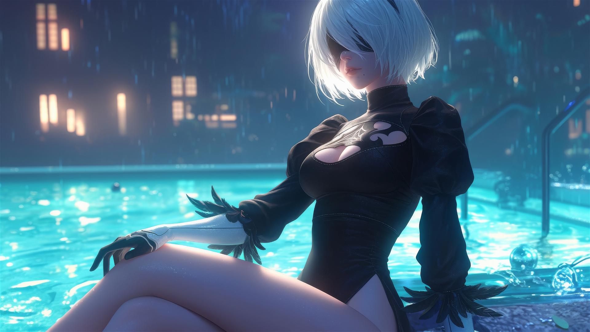 2B from Nier resting by a moonlit pool, soft glow on her short hair