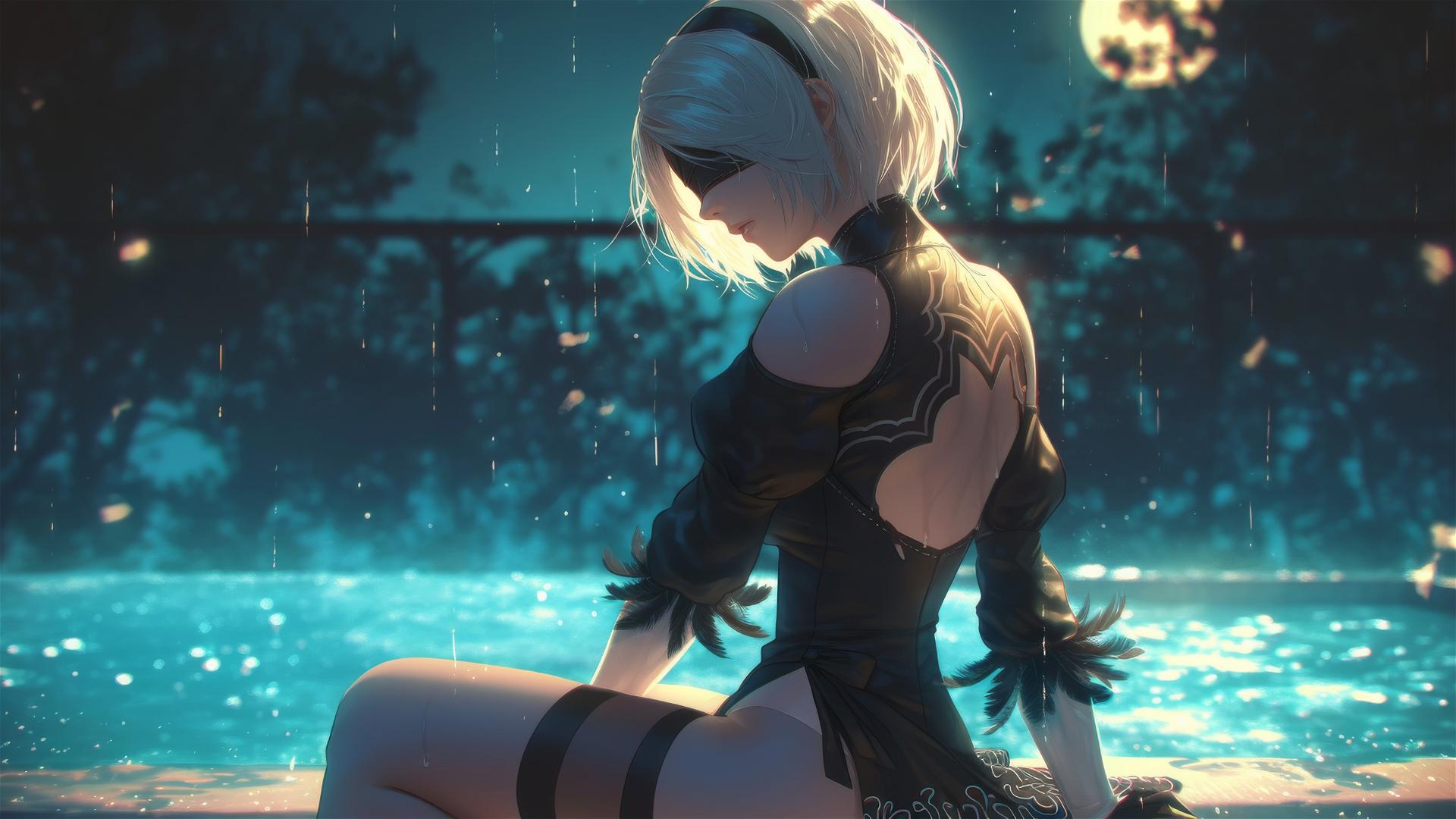 2B from Nier sitting by a rainy swimming pool under moonlight