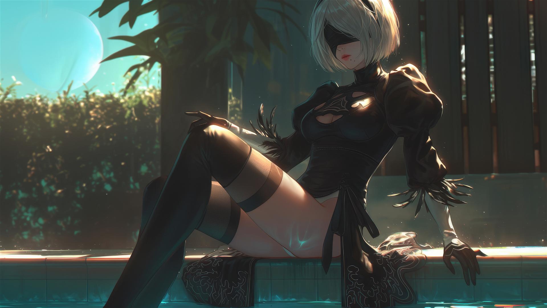 2B from Nier resting at a rainy swimming pool with moonlight glow