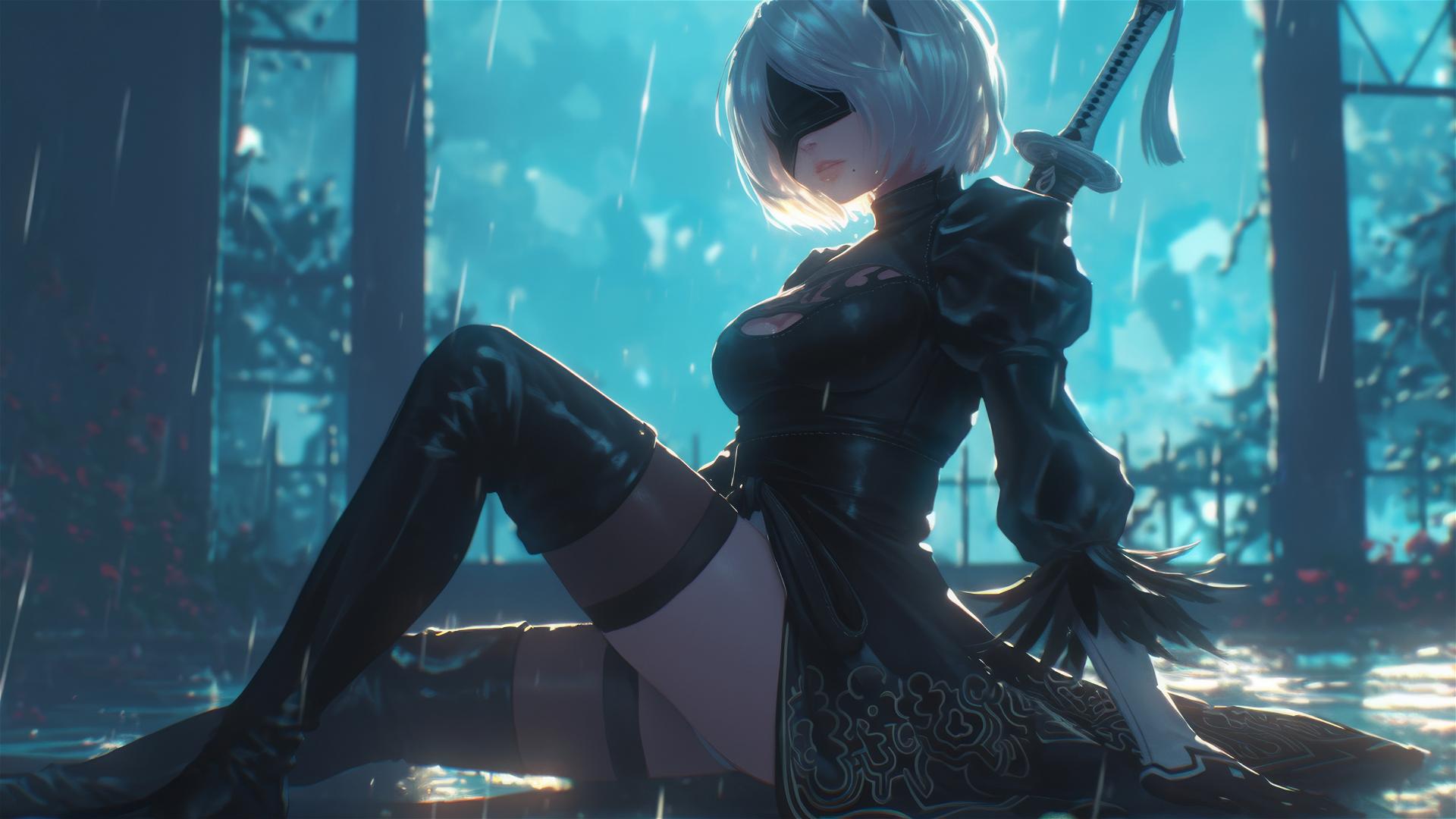 2B from Nier resting at a rainy swimming pool illuminated by moonlight.