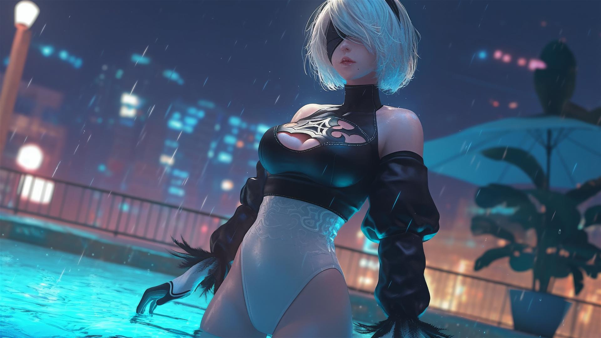 2B from Nier standing by a pool in moonlight, rain falling