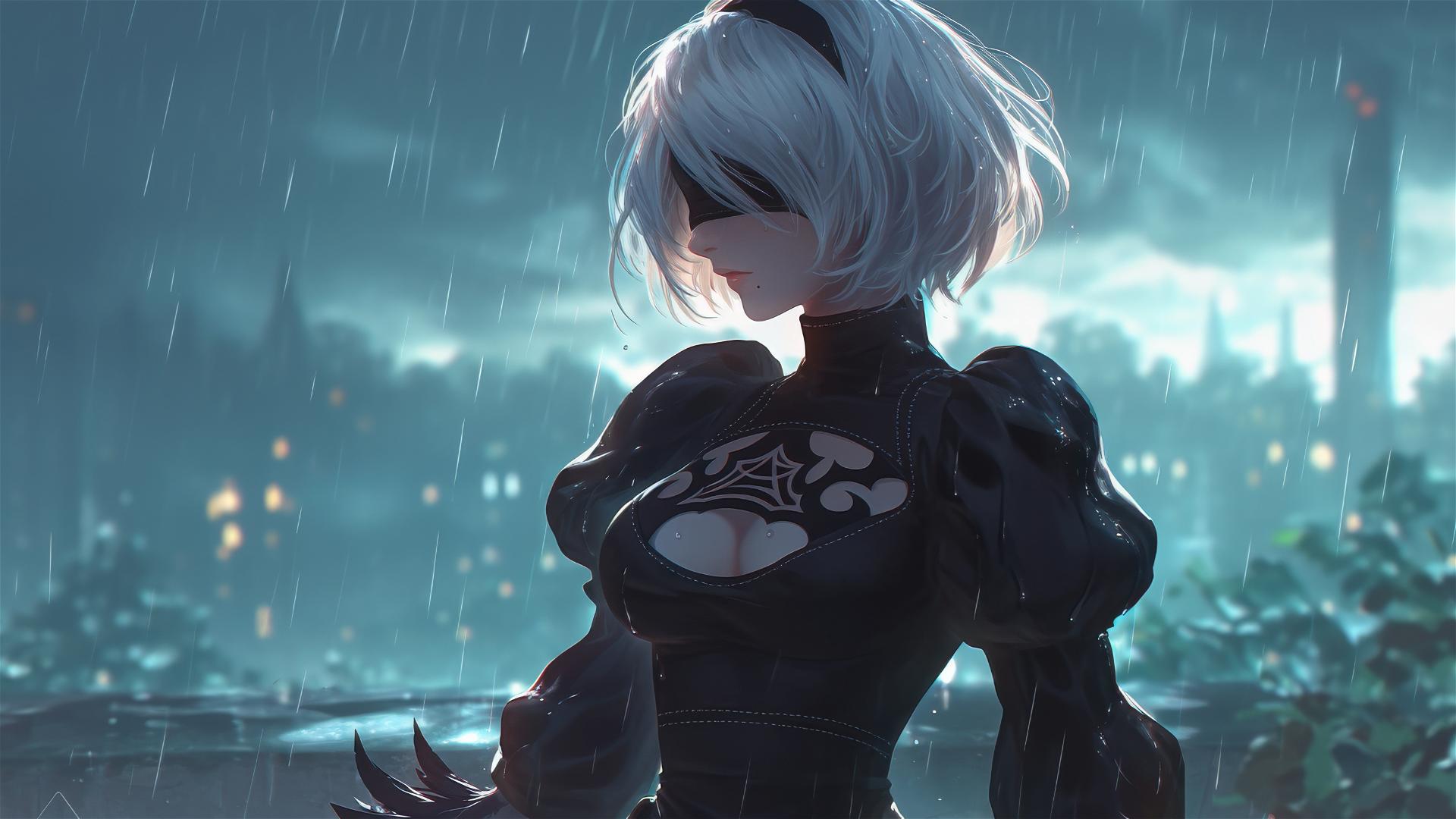 2B from Nier standing by a rainy swimming pool under moonlight with short hair