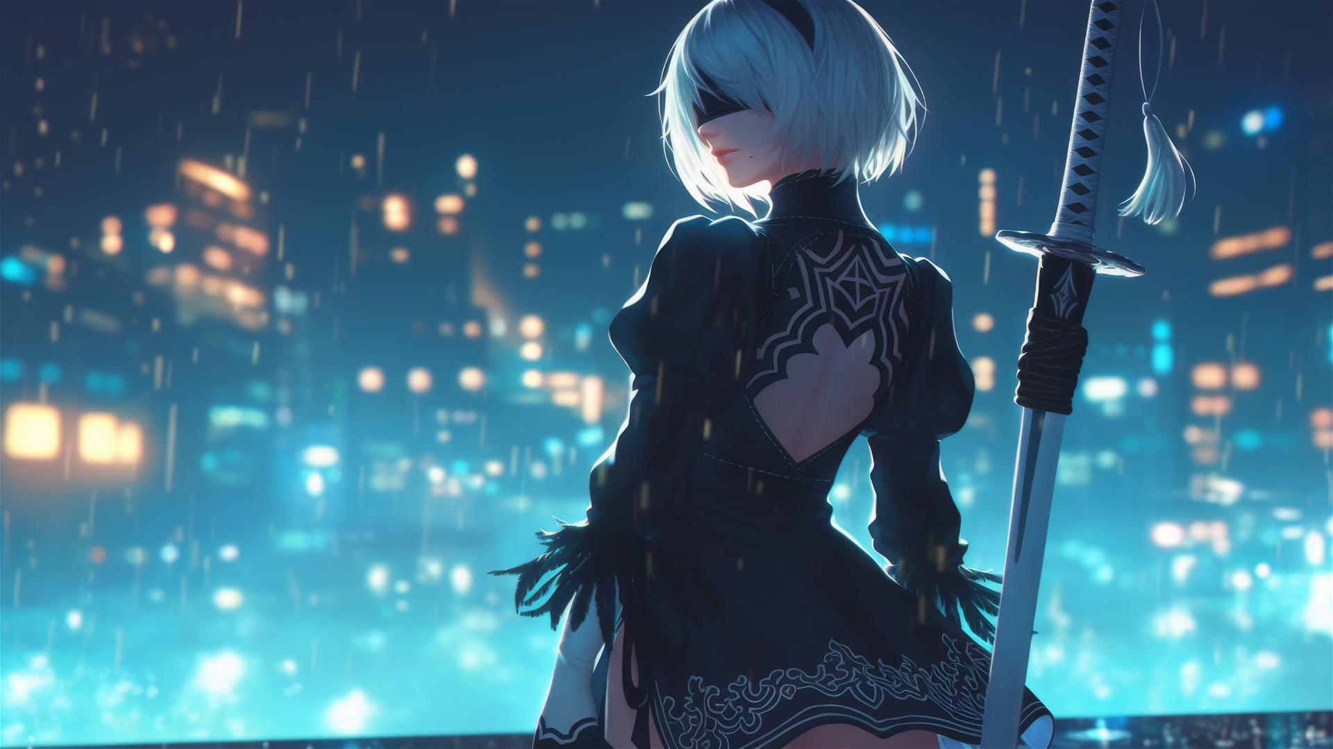 2B from Nier at a rainy swimming pool, moonlight glow on short hair figure
