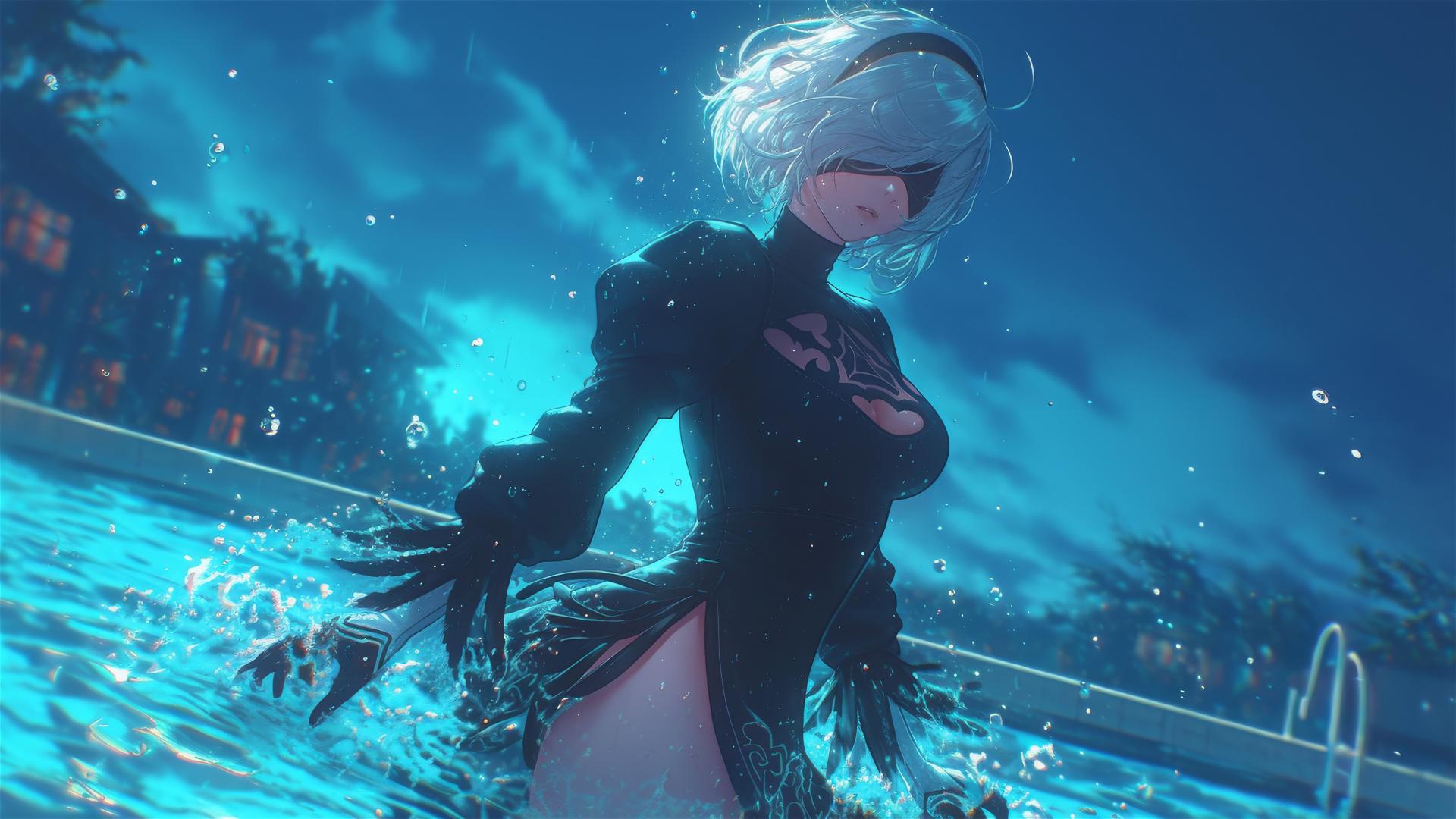 2B from Nier stands by a rainy swimming pool with moonlight illuminating her.