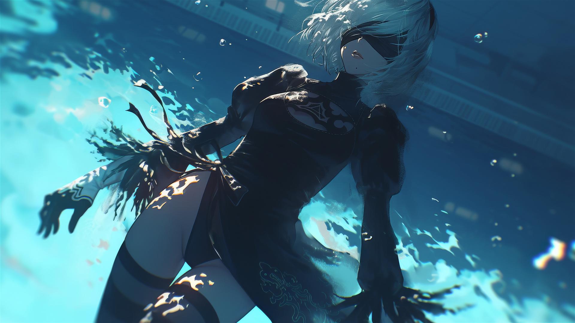 2B from Nier standing at a rainy swimming pool with moonlight glow