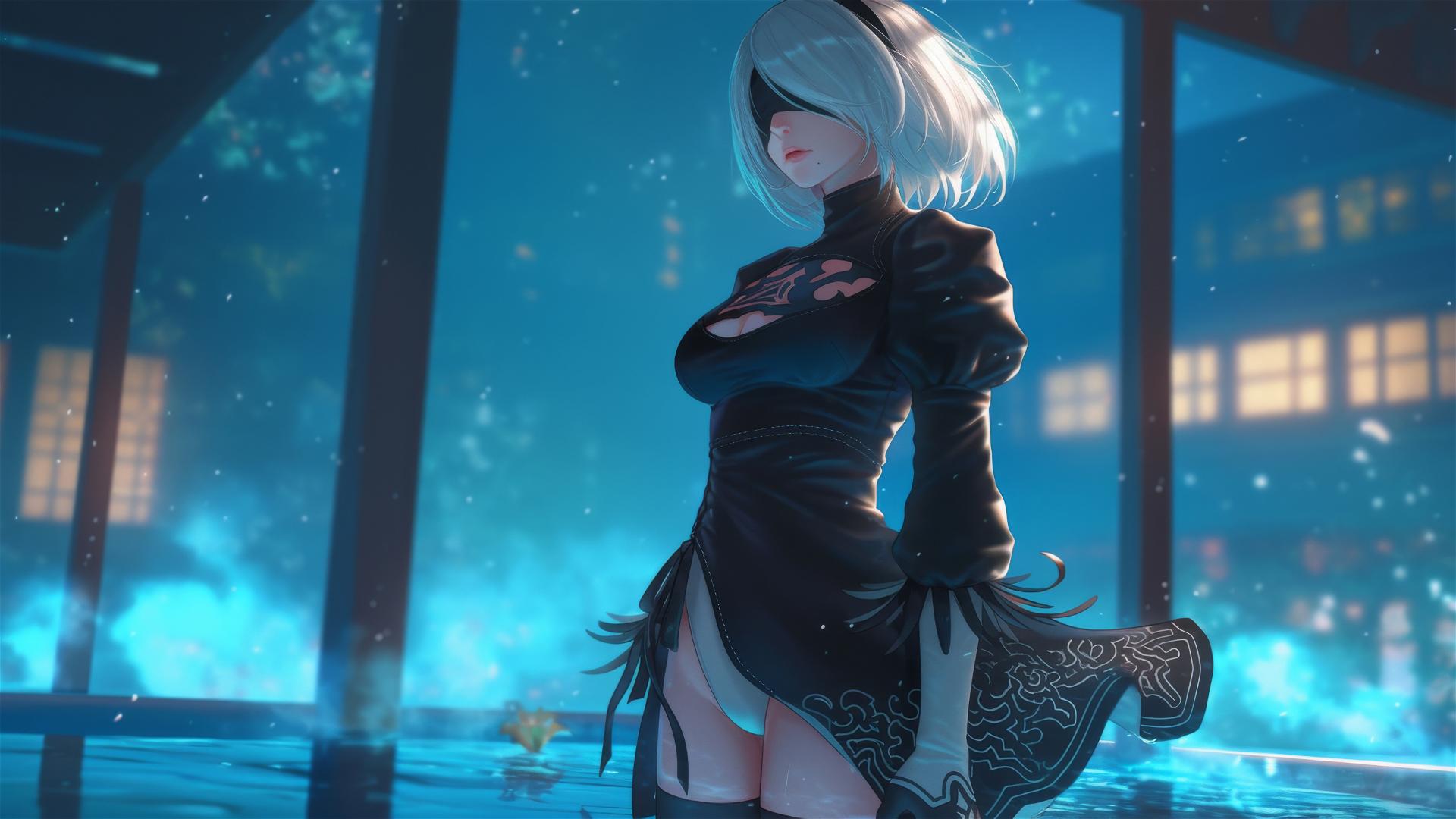 2B from Nier standing at a rainy swimming pool, moonlight glow on her figure.