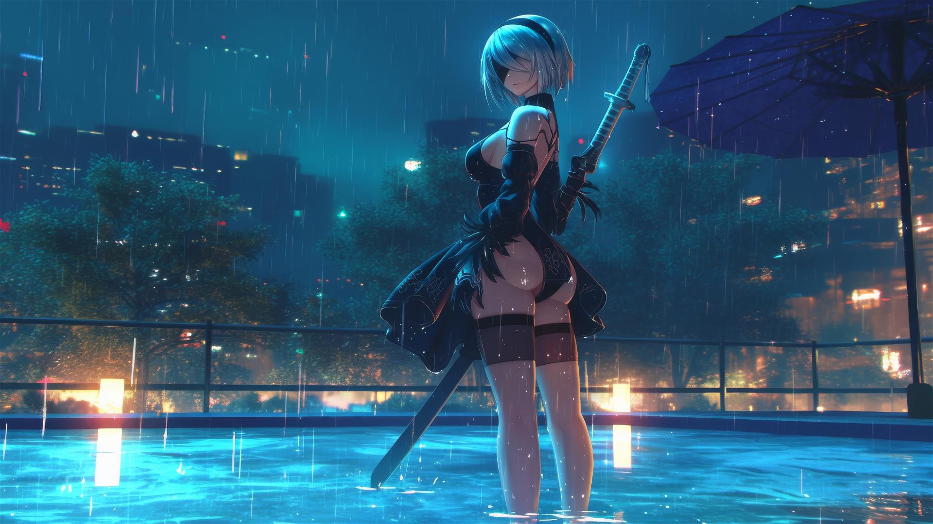 2B standing at a rainy swimming pool with moonlight glow