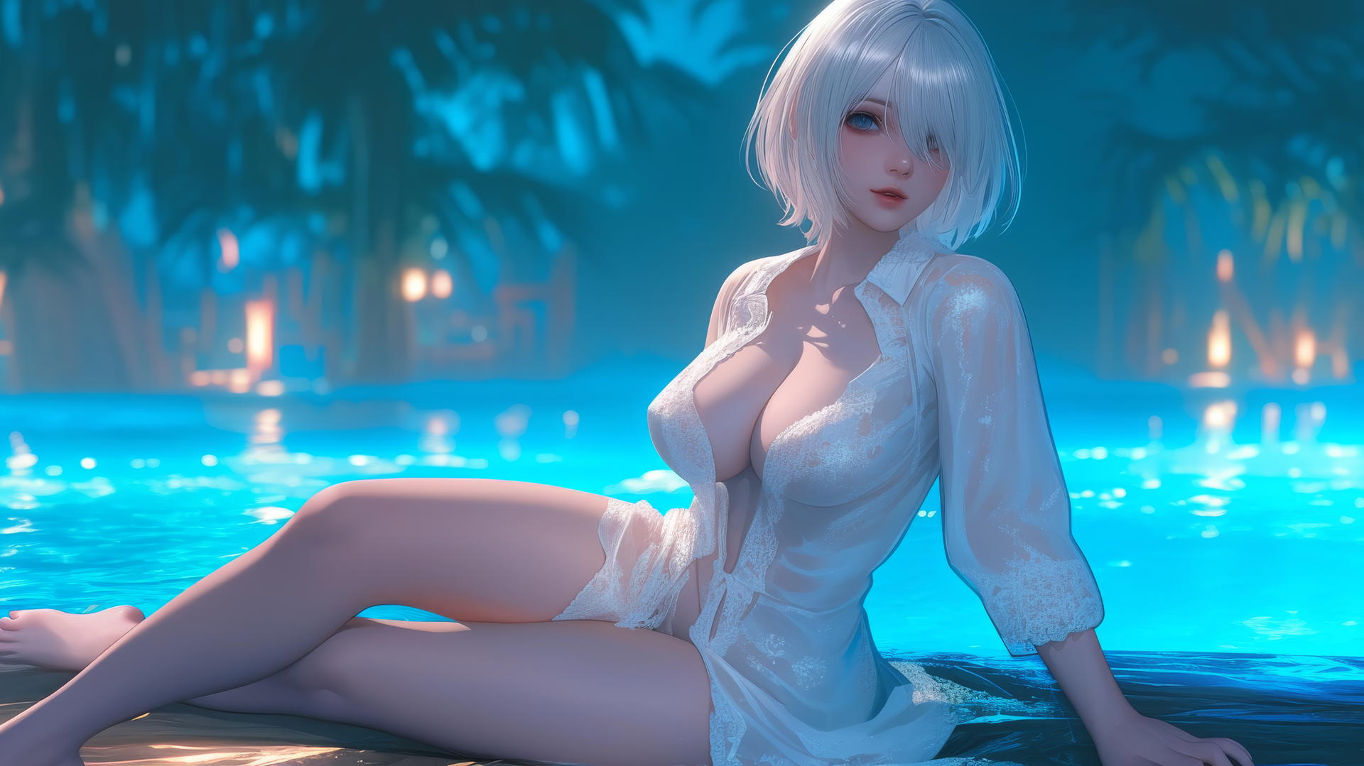 2B from Nier in white pajamas at a rainy pool