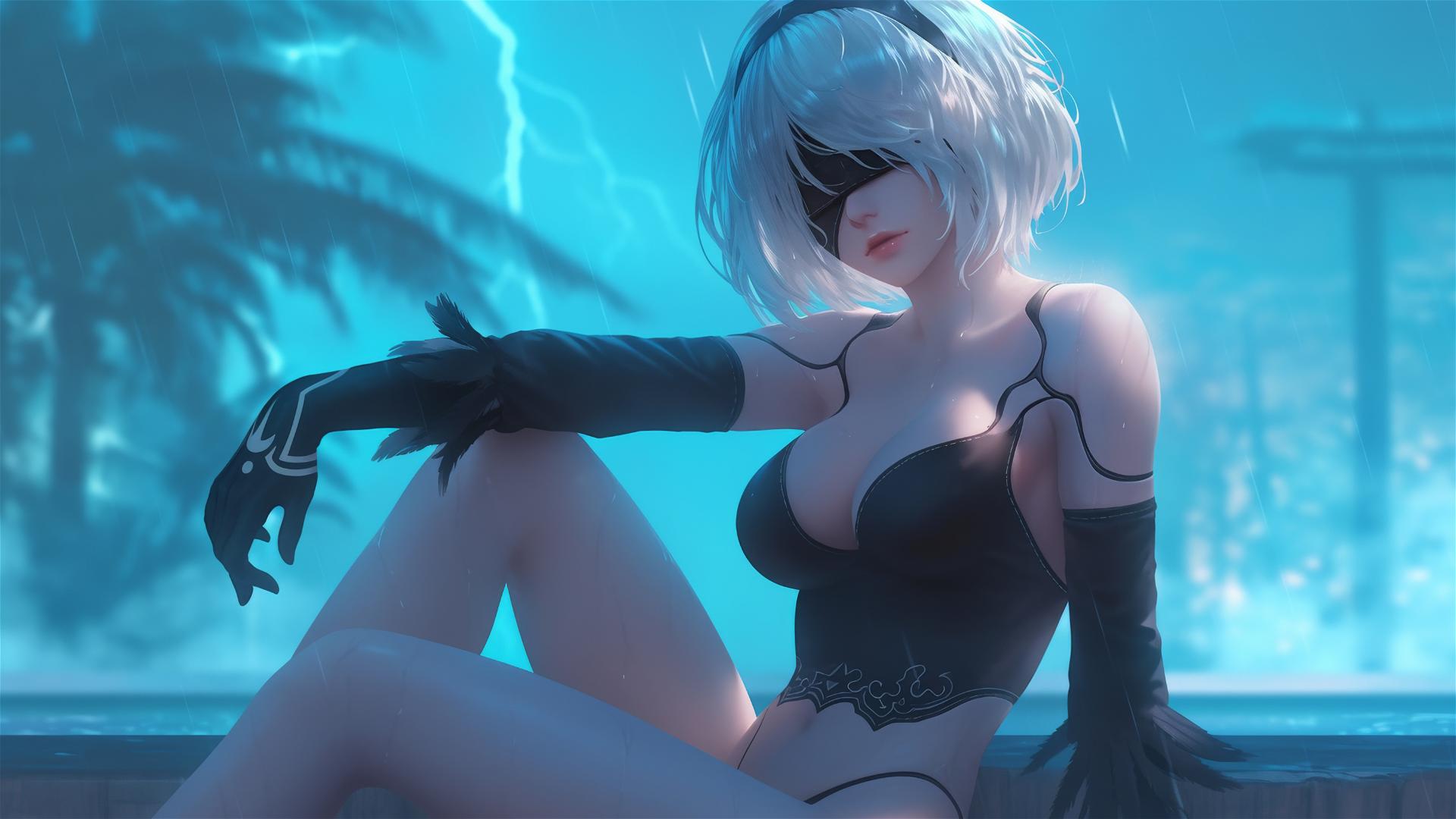 2B from Nier sits leisurely by a rainy swimming pool with moonlight on her.