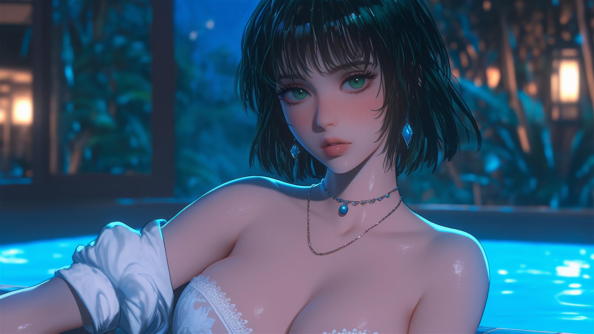 Fubuki resting in a tub, moonlight illuminating her dark green bobbed hair and light green eyes