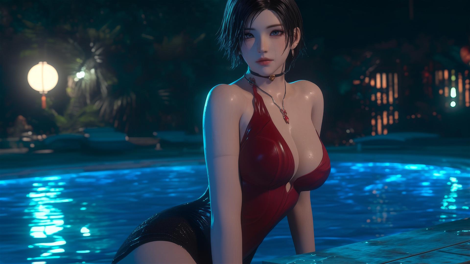 Ada Wong resting at a rainy swimming pool under soft moonlight.