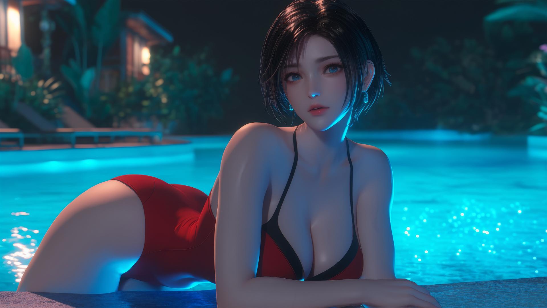 Ada Wong resting at a rainy swimming pool under moonlight