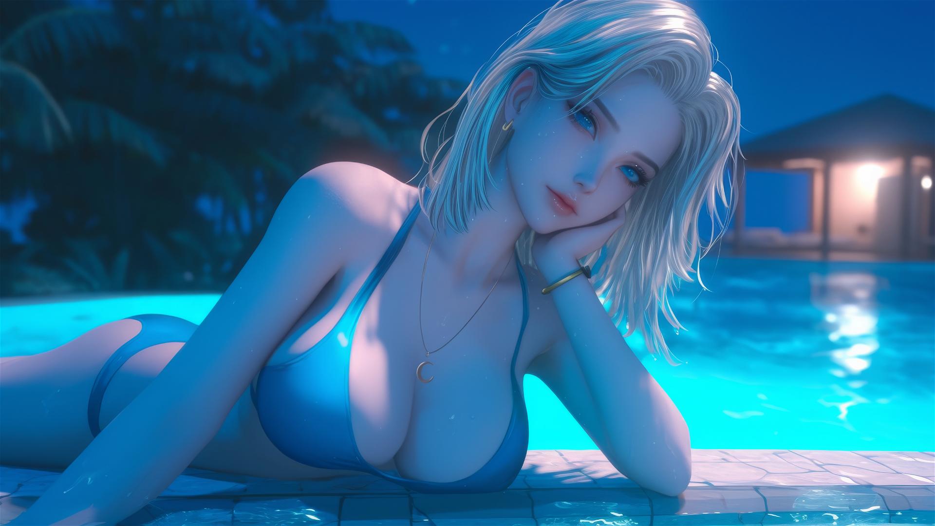 Android 18 from Dragon Ball resting by a rainy pool with moonlight glow.