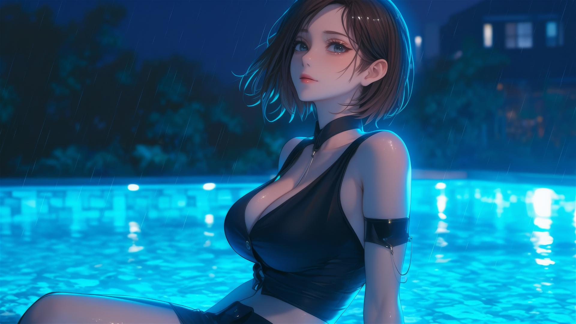 Nobara Kugisaki from Jujutsu Kaisen, resting by a rainy swimming pool under moonlight.