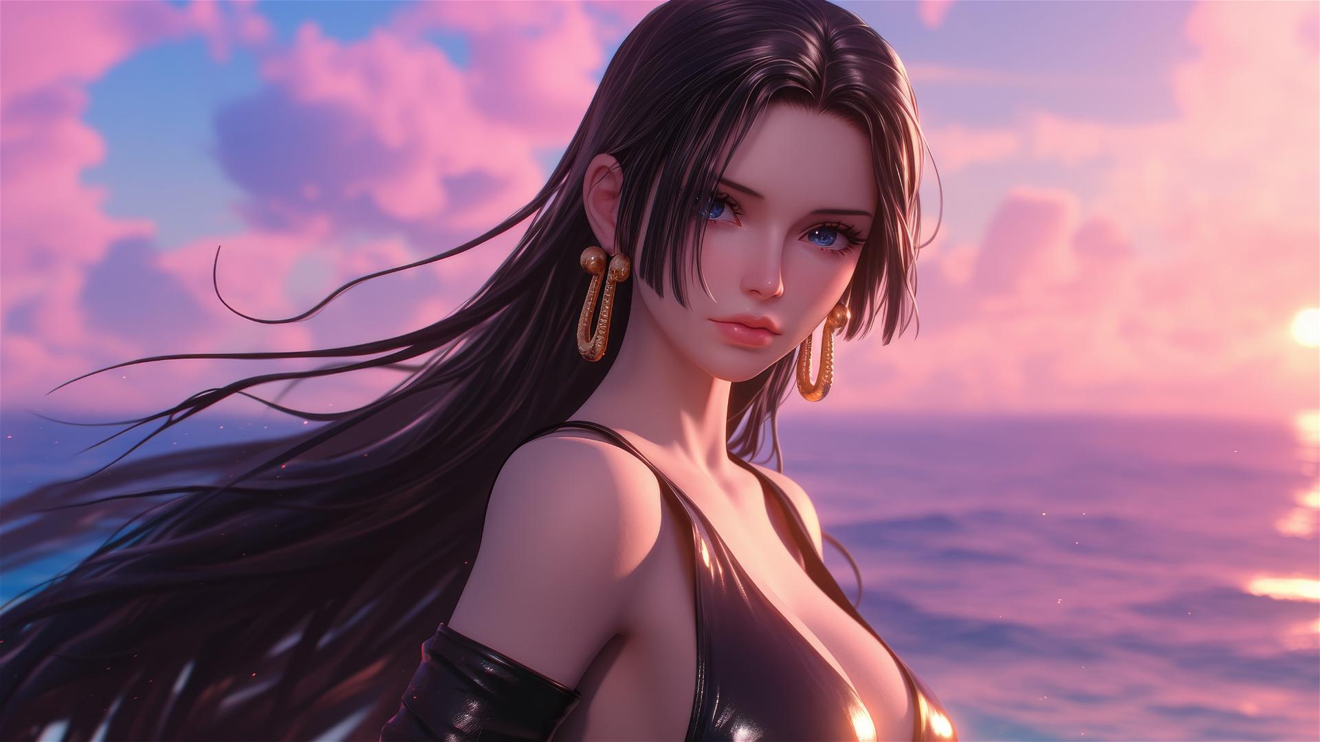 Boa Hancock in leather outfit on beach at sunset, anime style