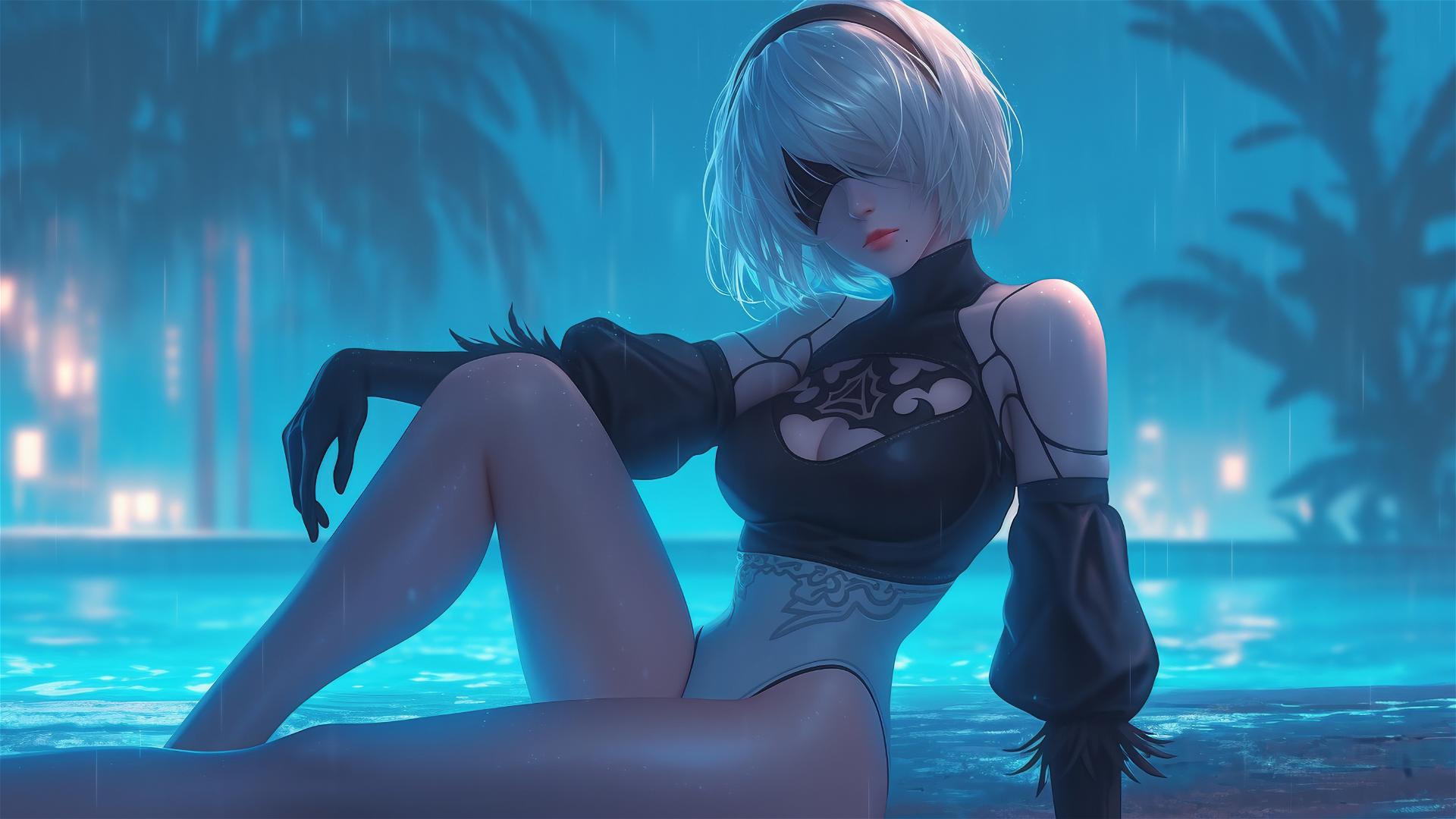 2B from Nier sitting by a rainy swimming pool under moonlight