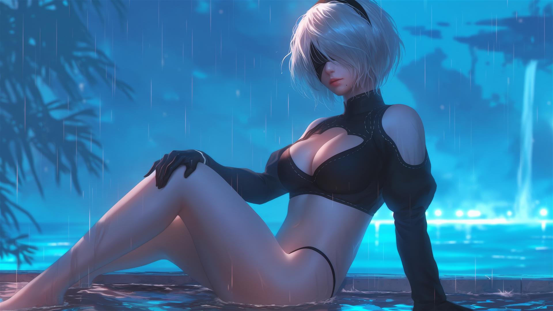 2B from Nier sitting by a rainy swimming pool under moonlight