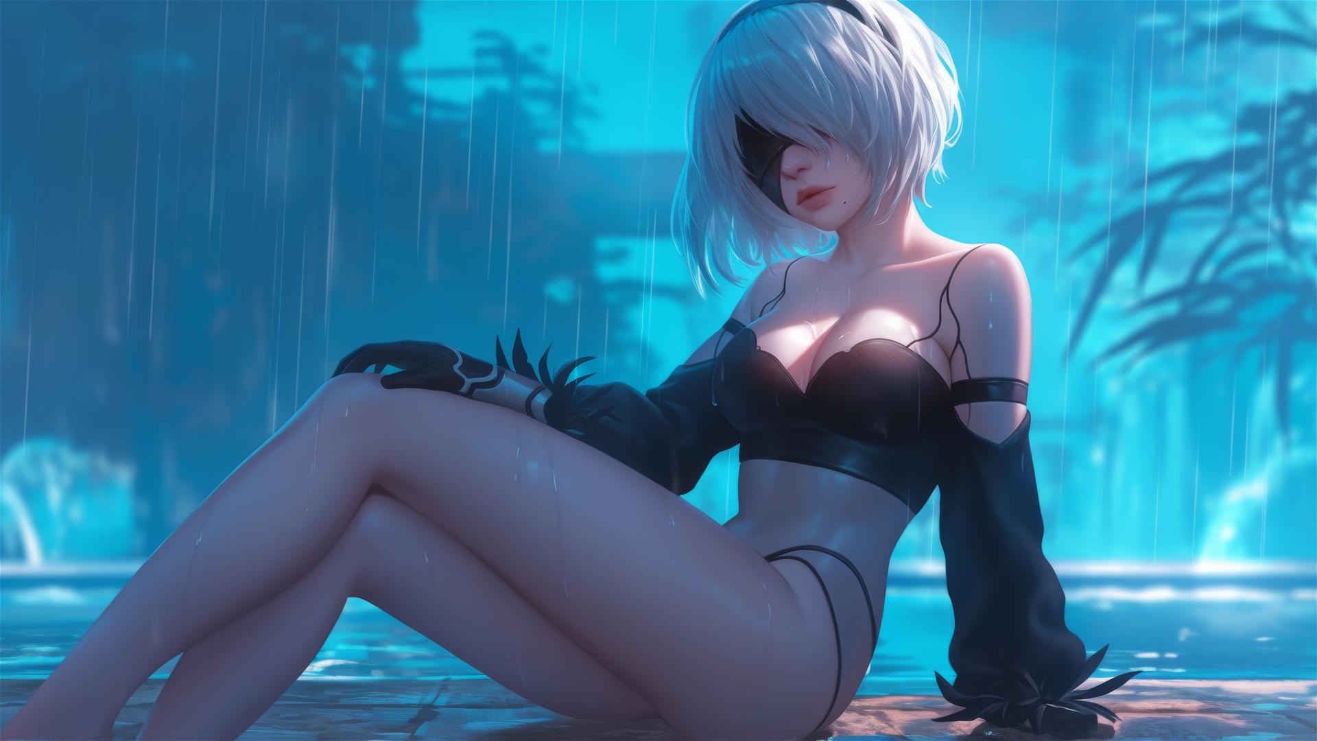 2B from Nier resting by a rainy pool under moonlight
