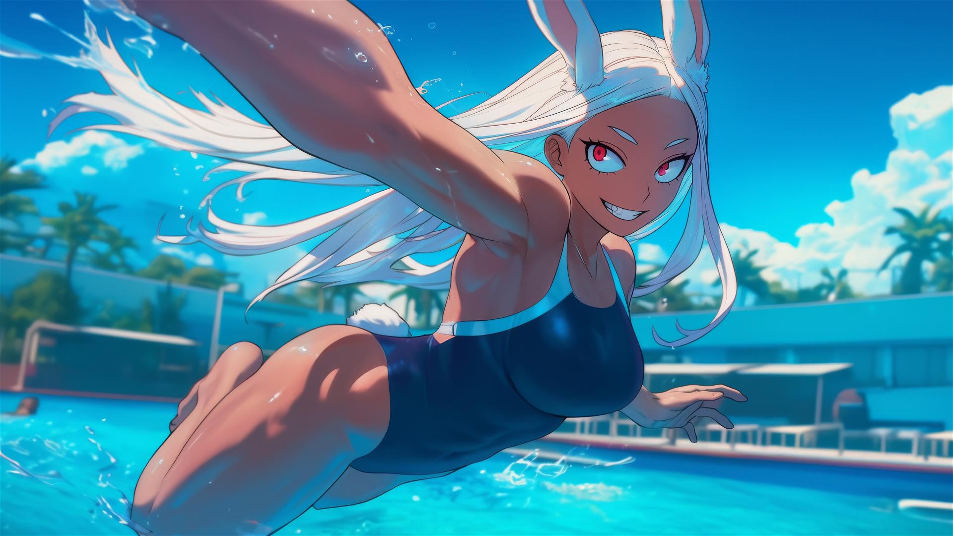 Mirko from My Hero Academia jumping out of a swimming pool under moonlight