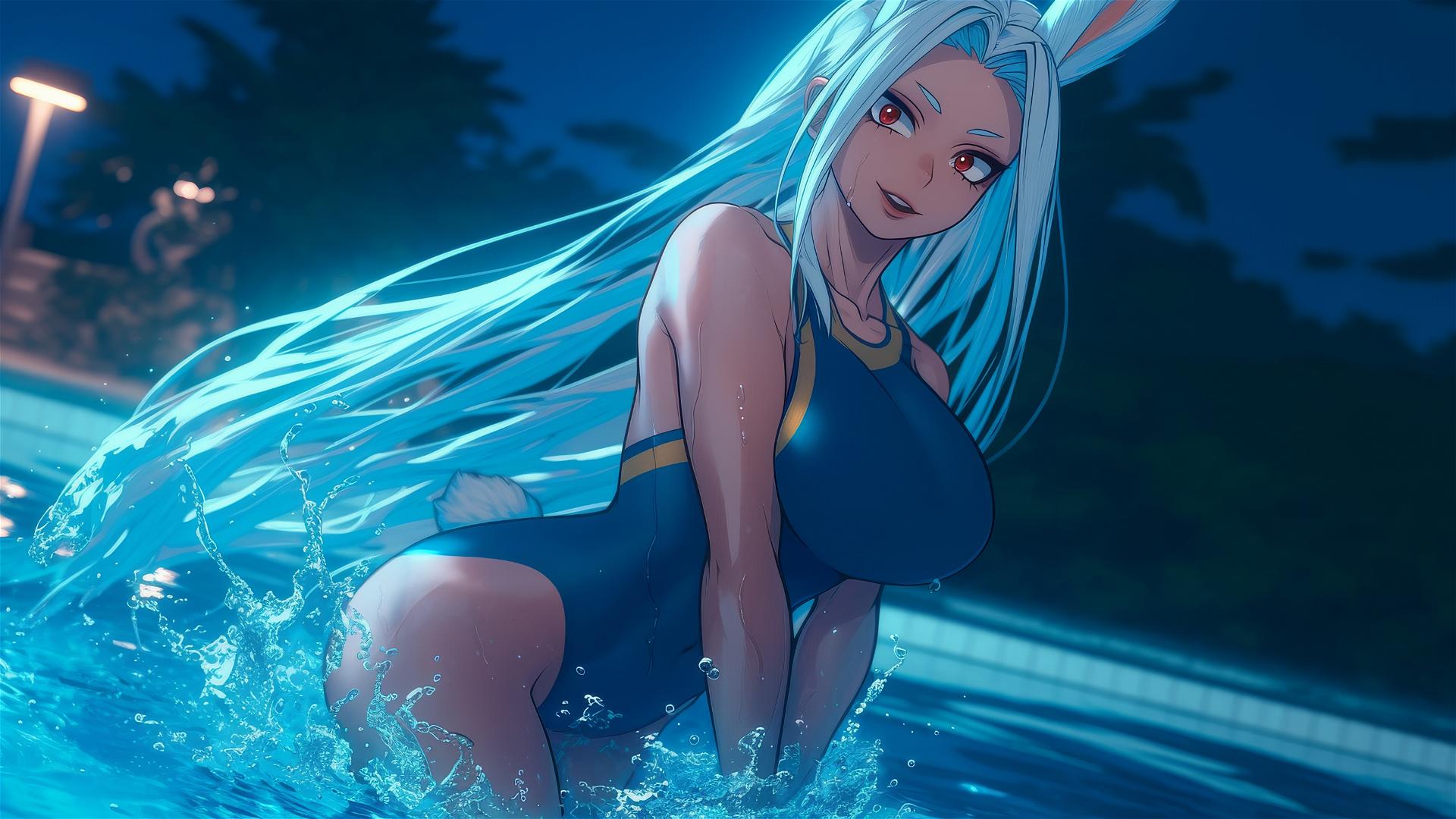 Mirko from My Hero Academia, jumping from a pool under moonlight, resembling an albino rabbit.