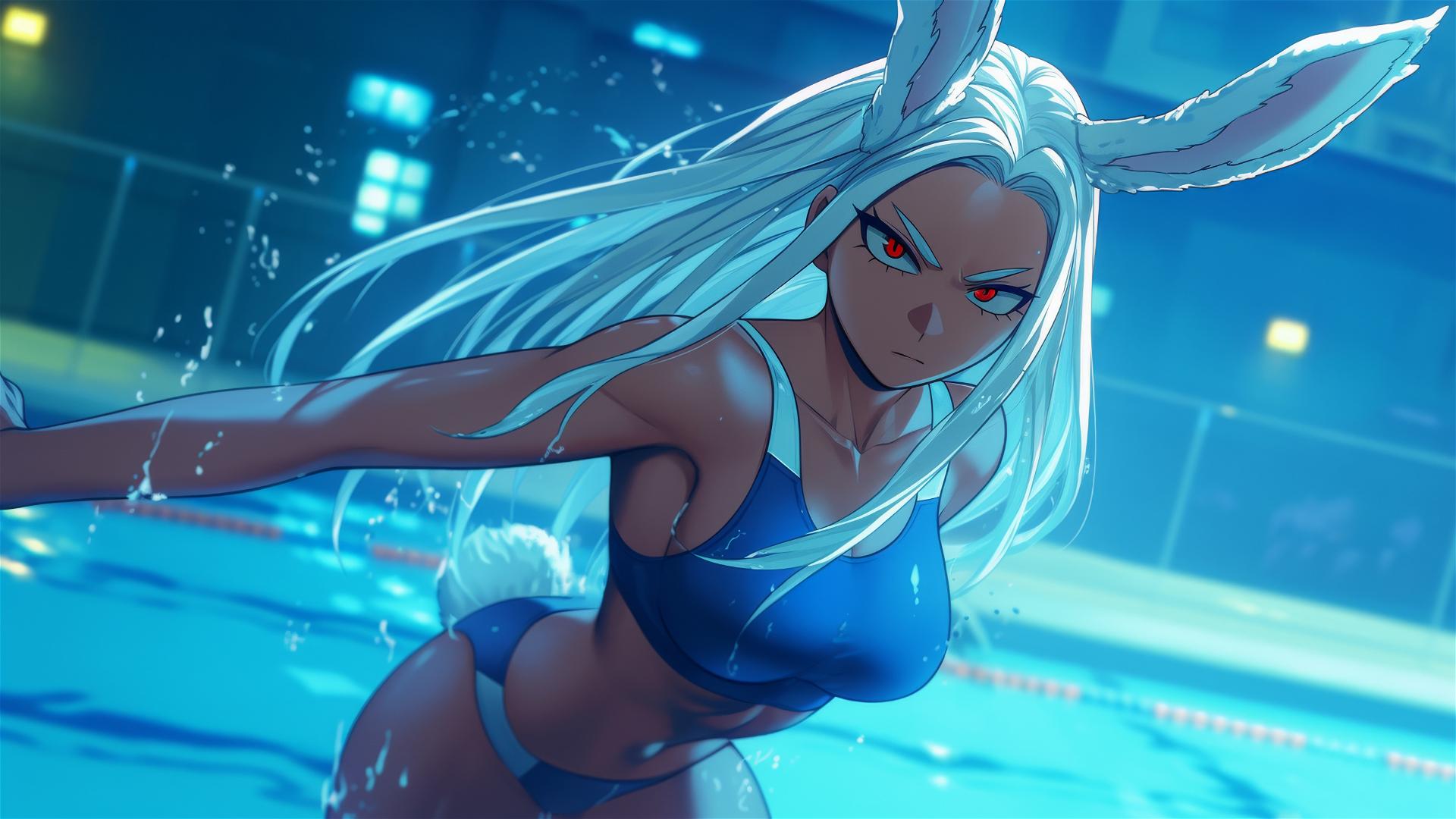 Mirko from My Hero Academia leaping from a pool under moonlight