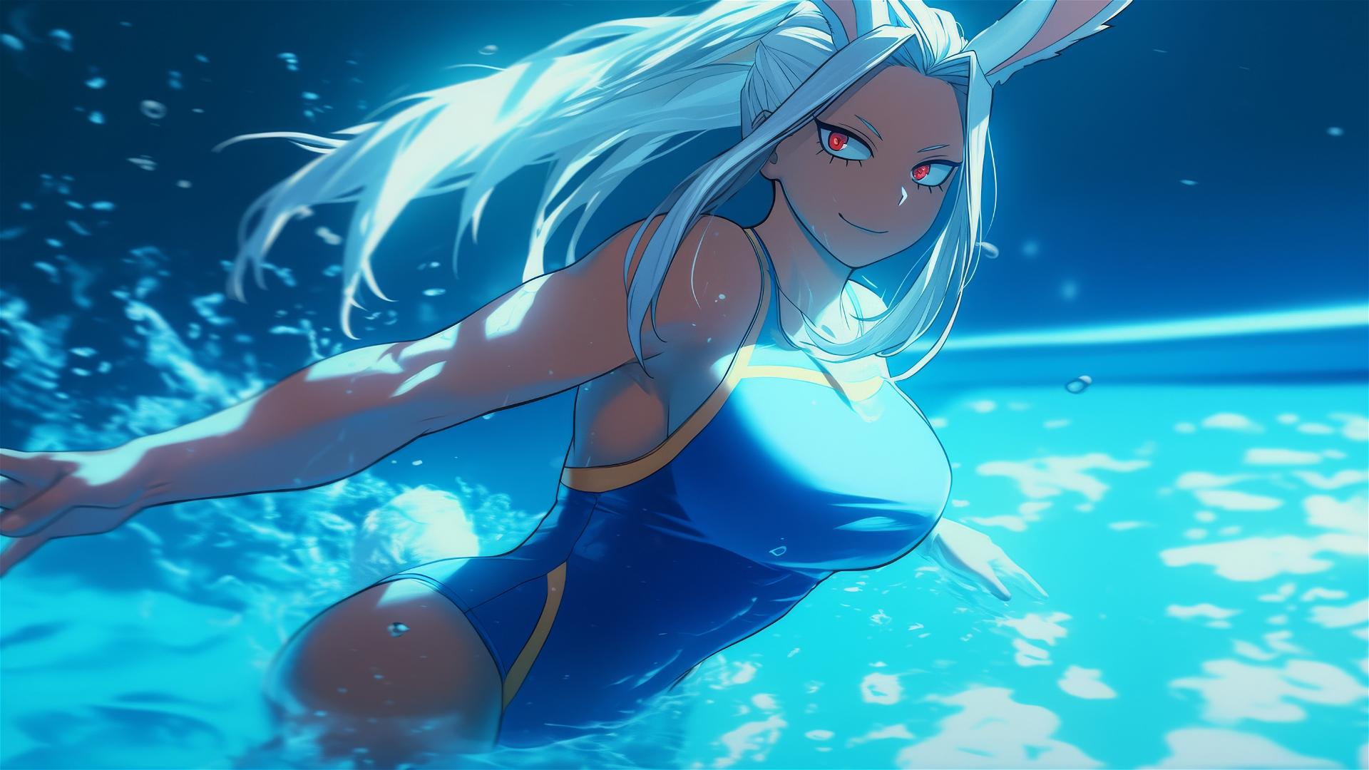 Mirko from My Hero Academia leaps from a pool under moonlight with albino rabbit features.