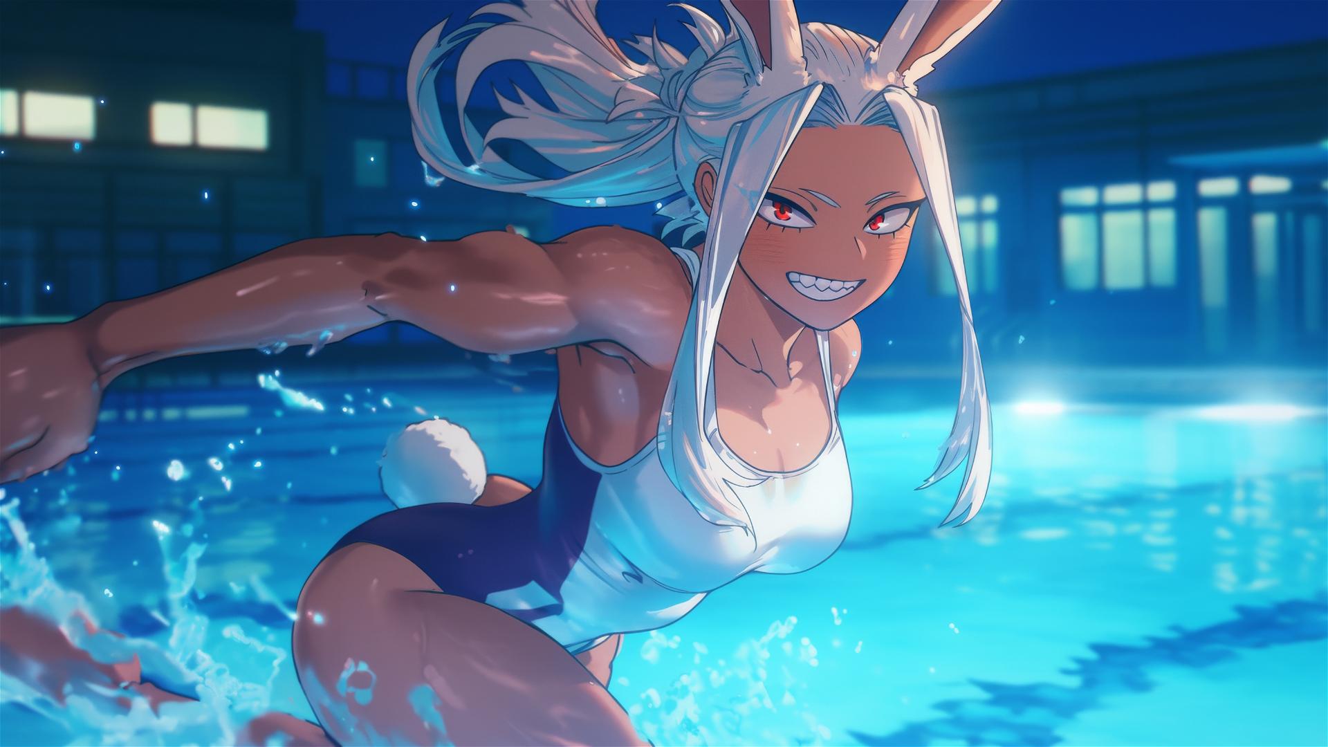 Mirko from My Hero Academia jumps out of a swimming pool under moonlight